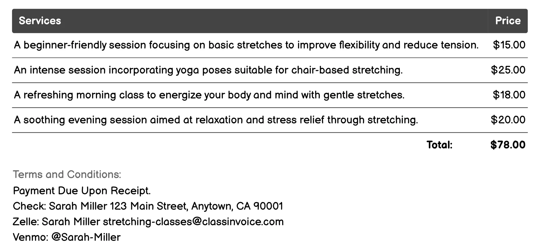 Chair Stretching Classes Invoice Example