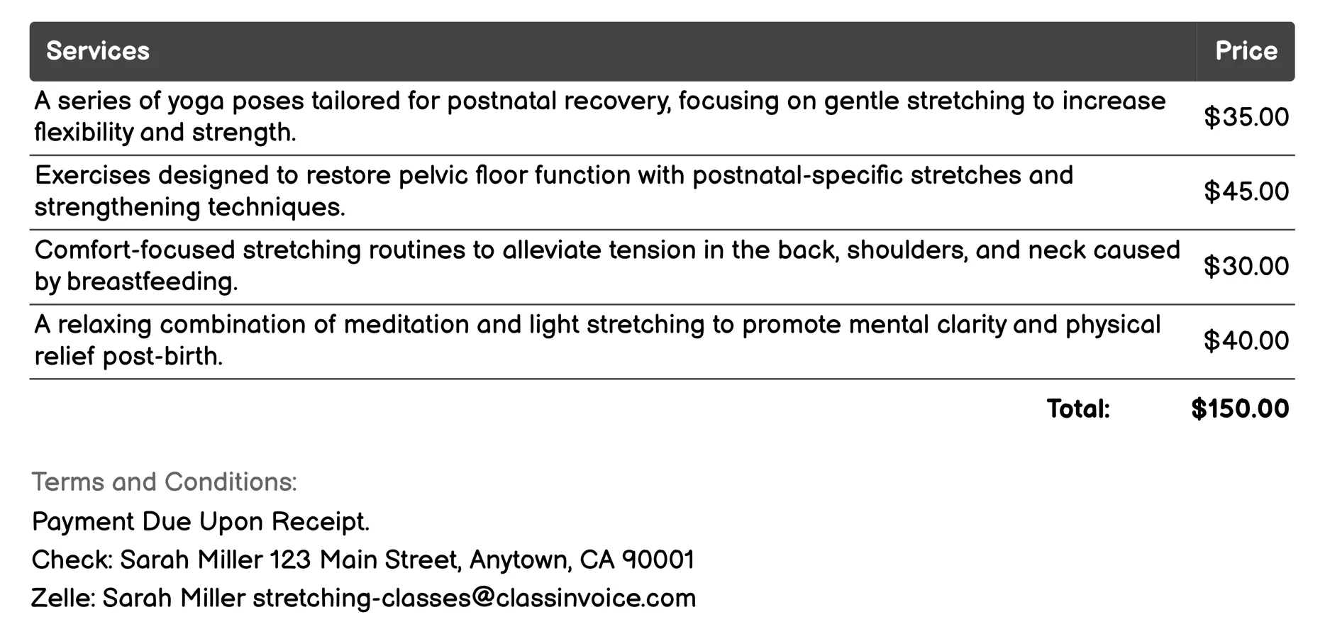 Postnatal Stretching Invoice Example