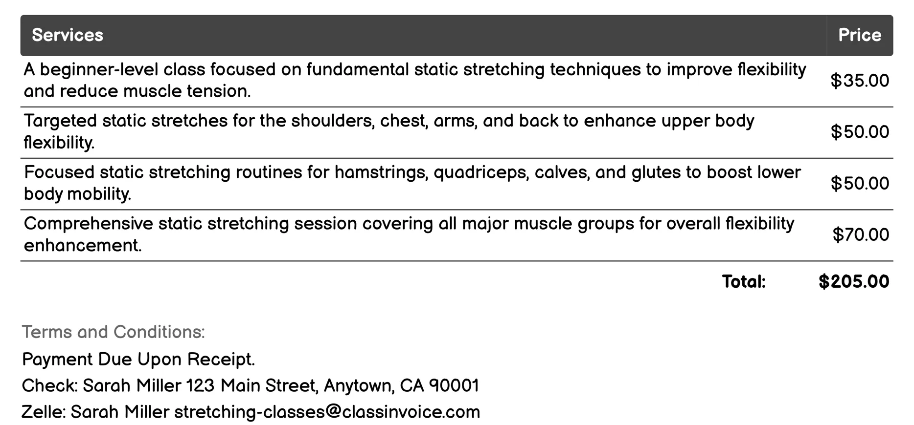 Static Stretching Classes Invoice Example