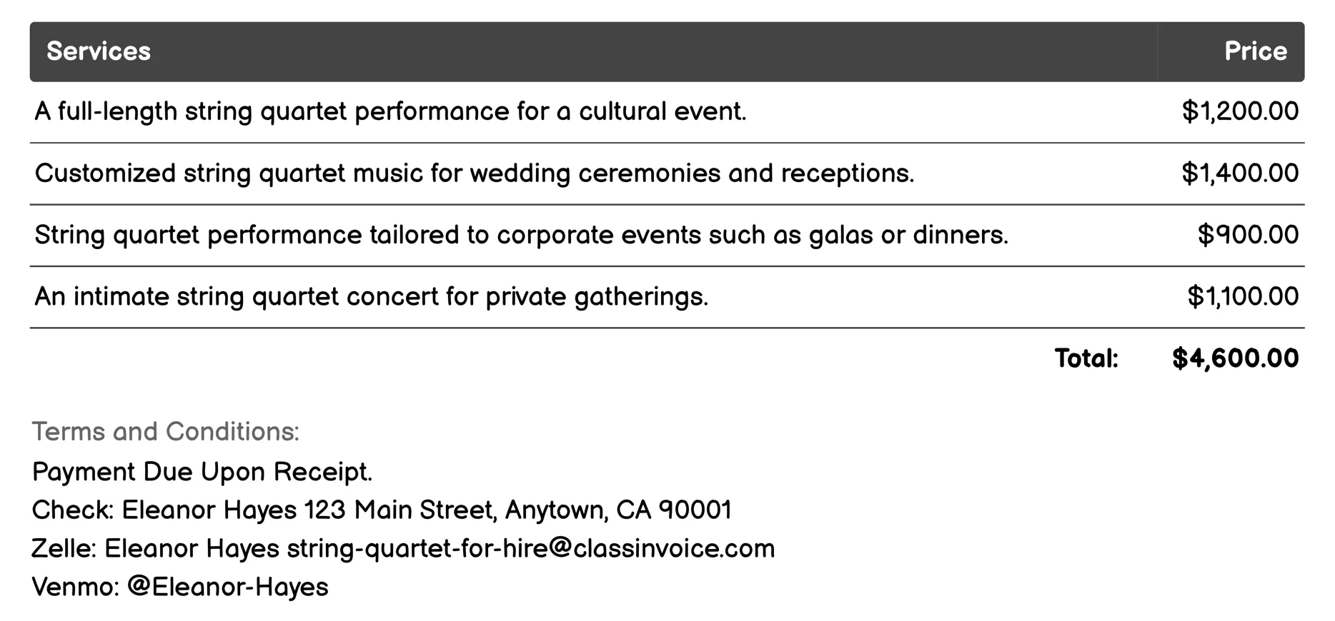 Cultural Events Invoice Example