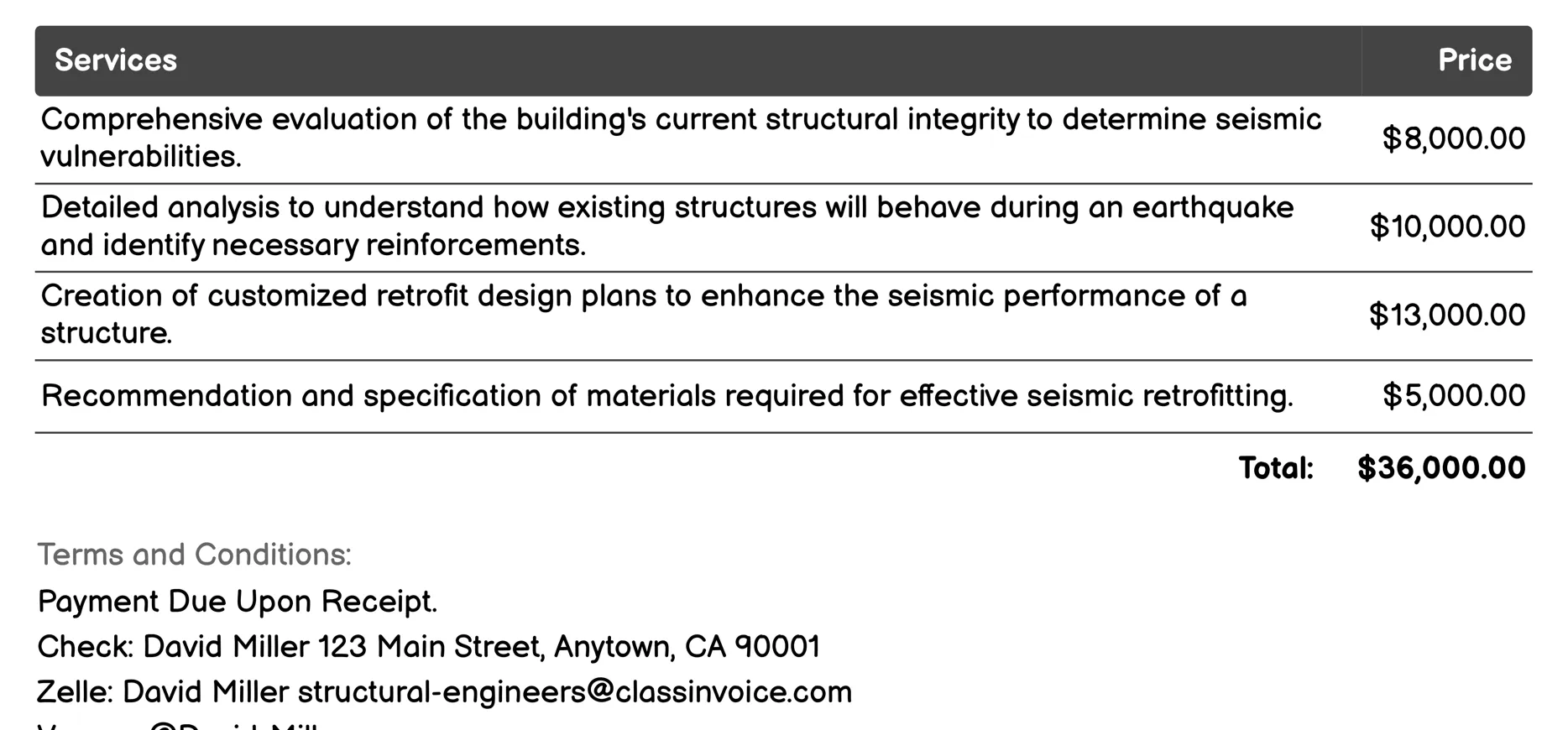 Seismic Retrofitting Invoice Example