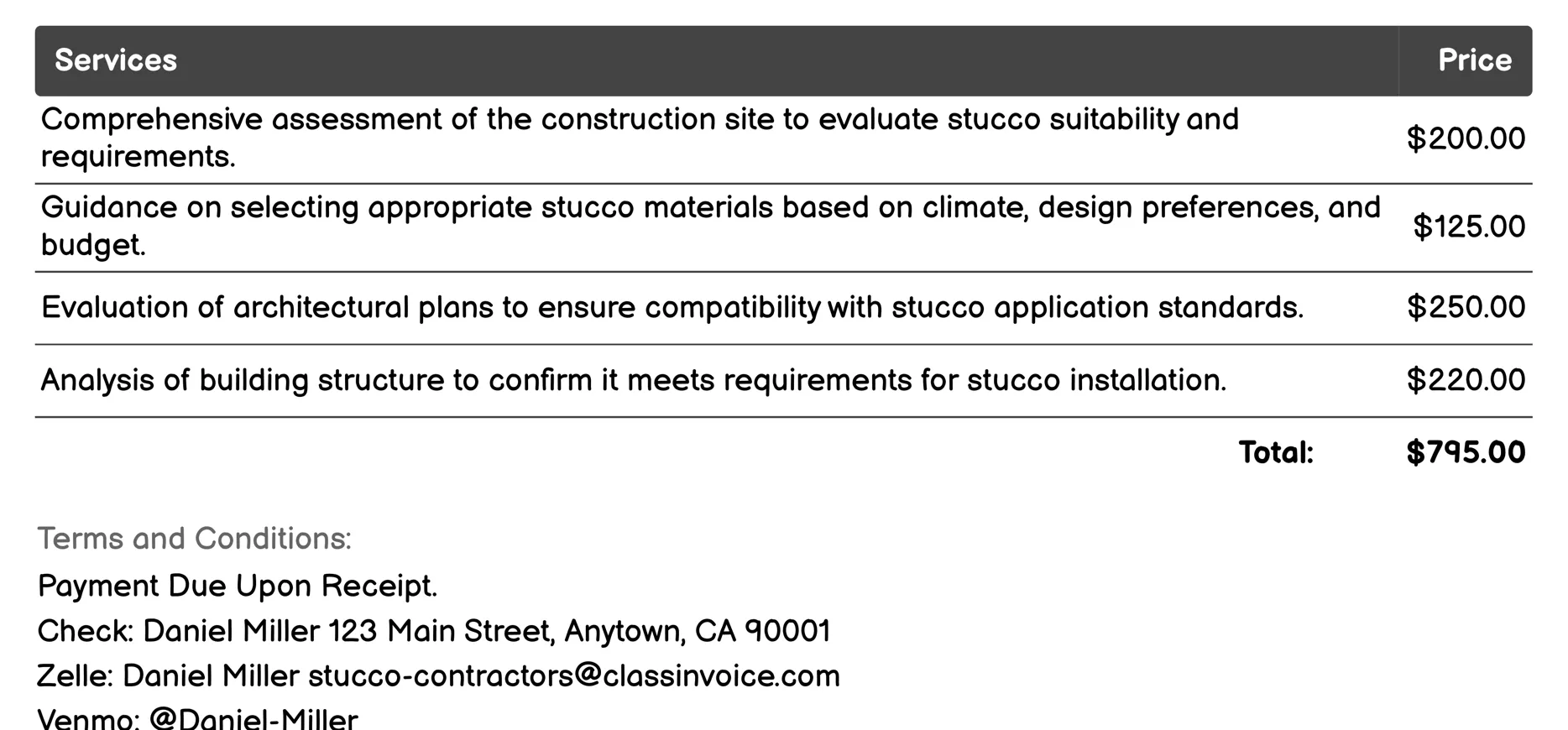 Pre-Construction Stucco Consultation Invoice Example