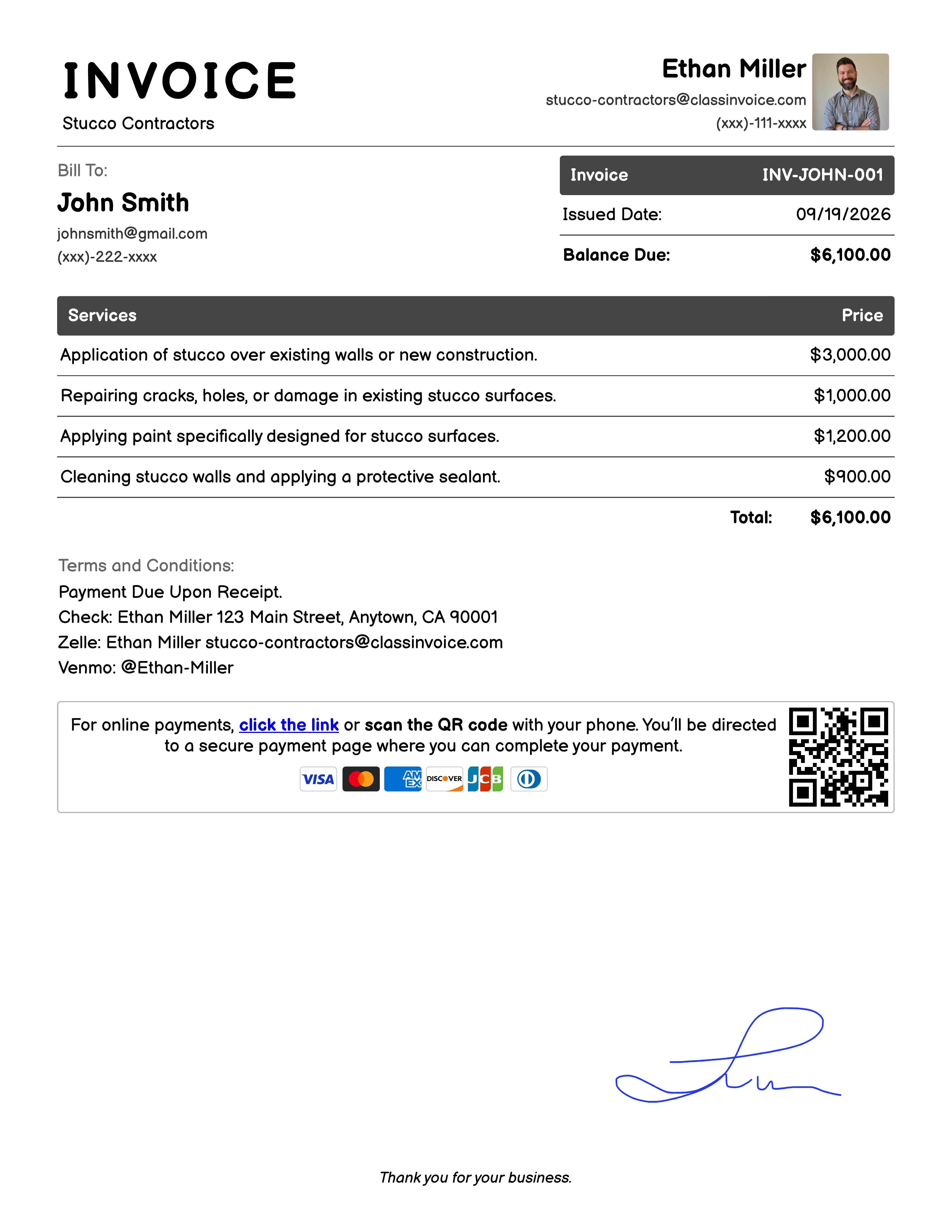 Stucco Contractors Invoice Example