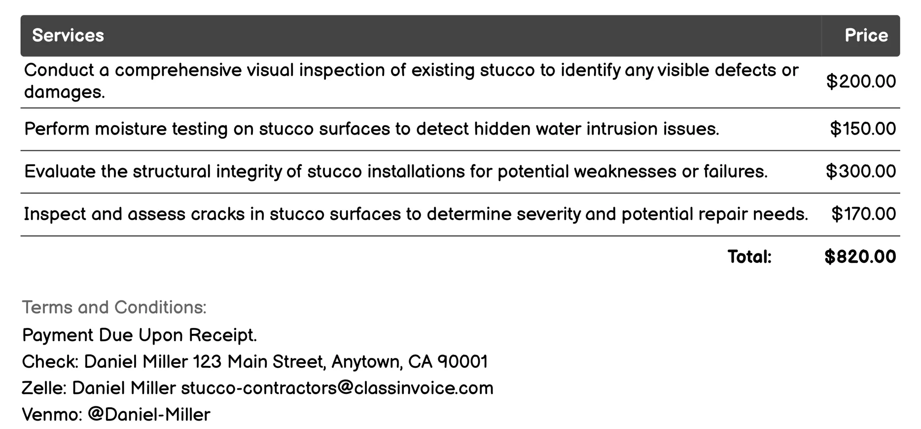 Stucco Inspection Services Invoice Example