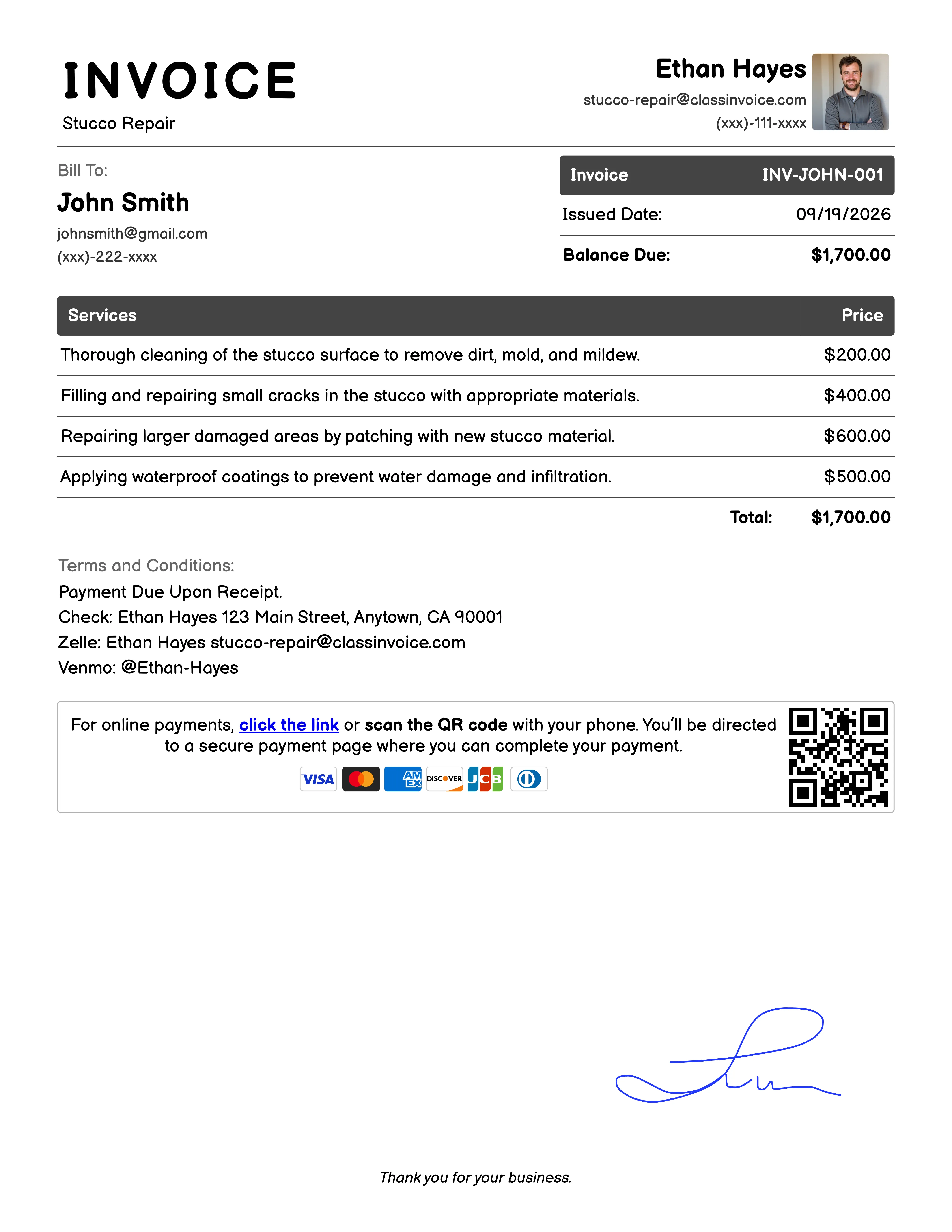 Stucco Repair Invoice Example