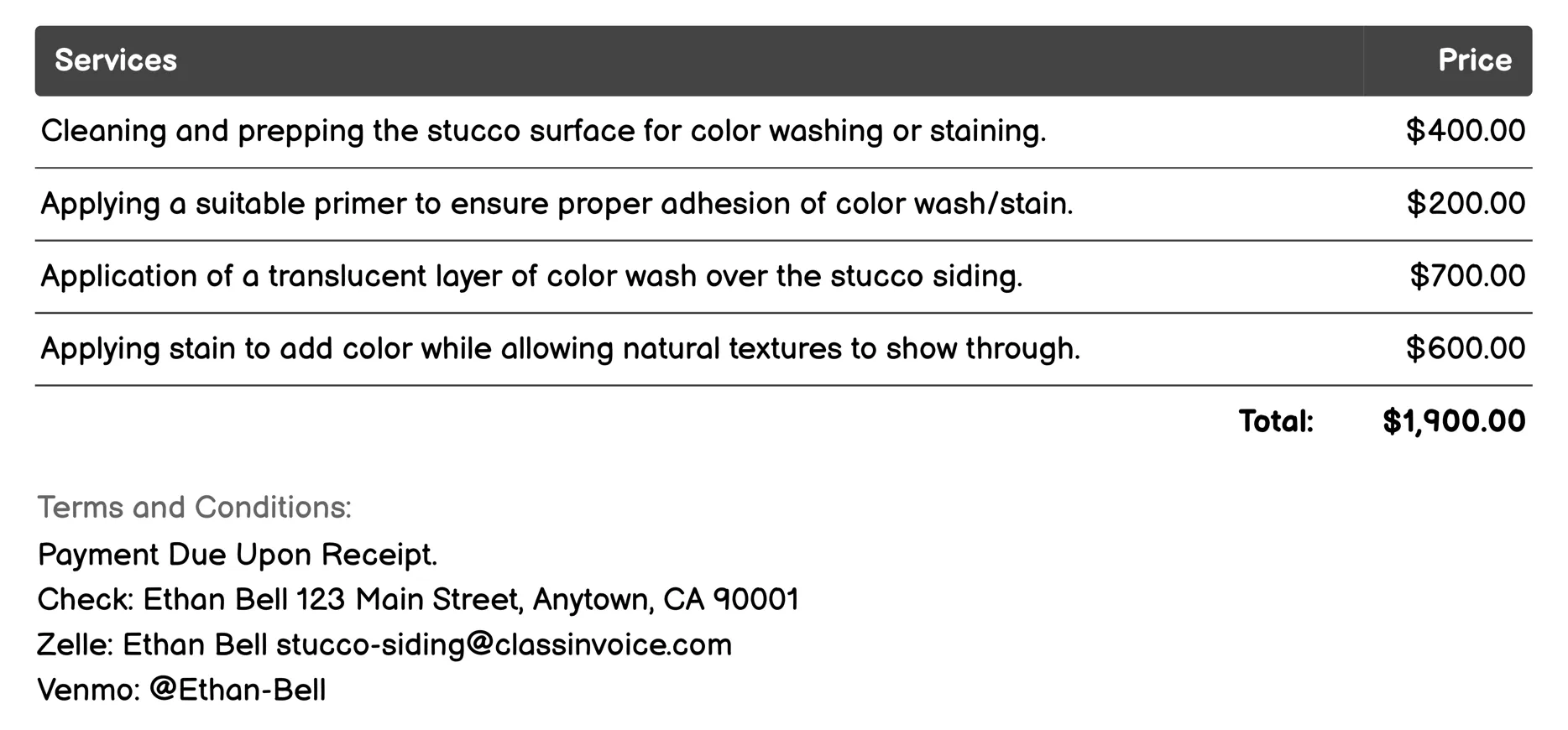 Color Washing or Staining Invoice Example