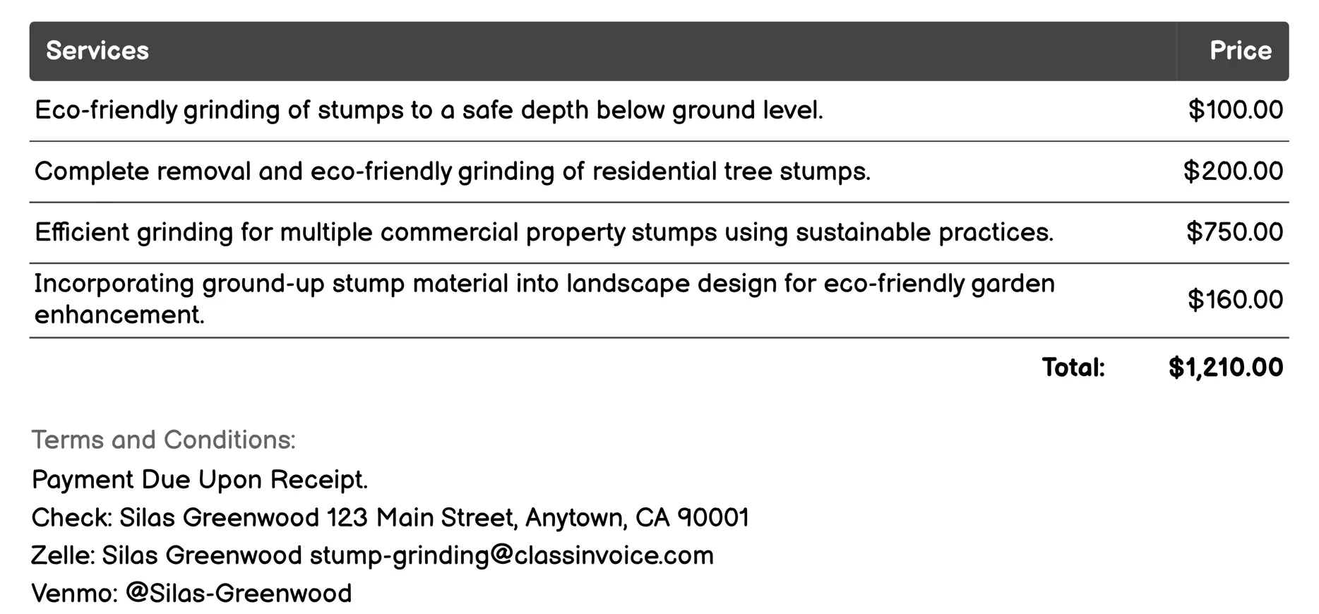 Eco-Friendly Stump Grinding Invoice Example