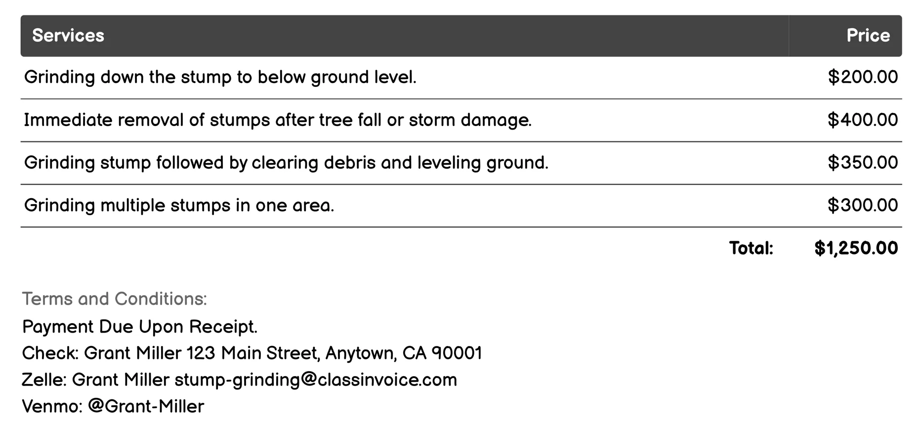 Emergency Stump Removal Invoice Example