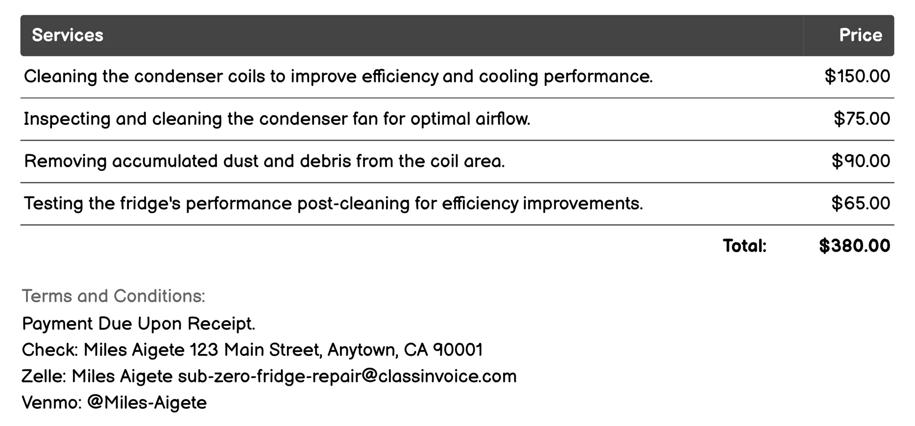Condenser Coil Cleaning Invoice Example