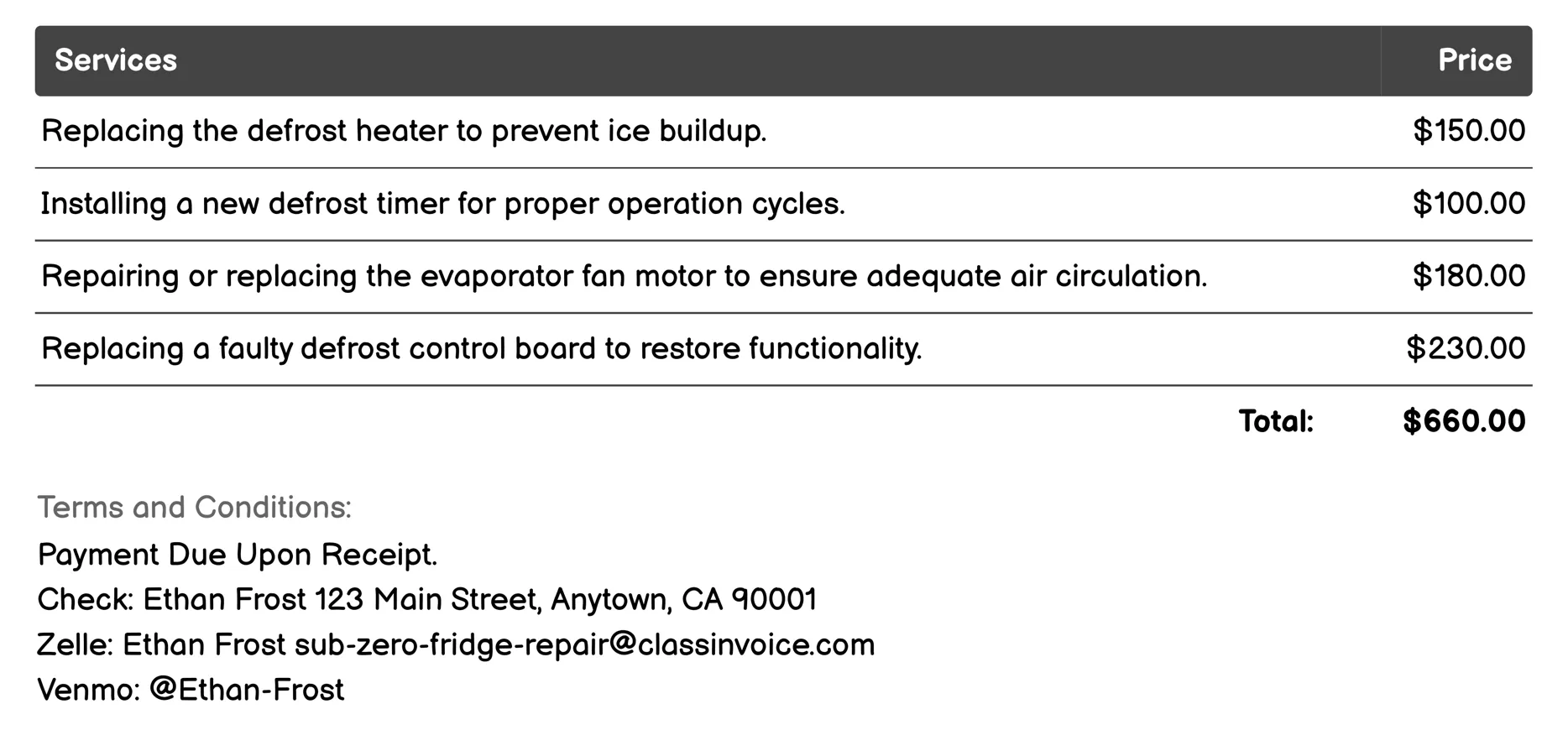 Defrost System Repair Invoice Example