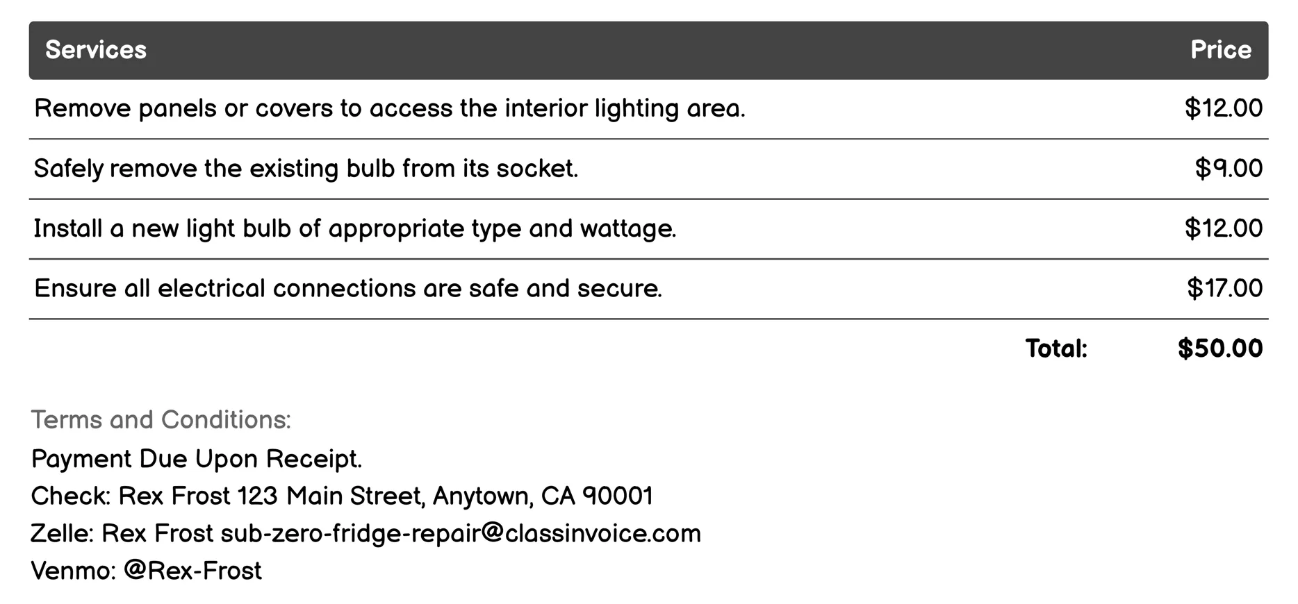 Light Bulb Replacement Invoice Example