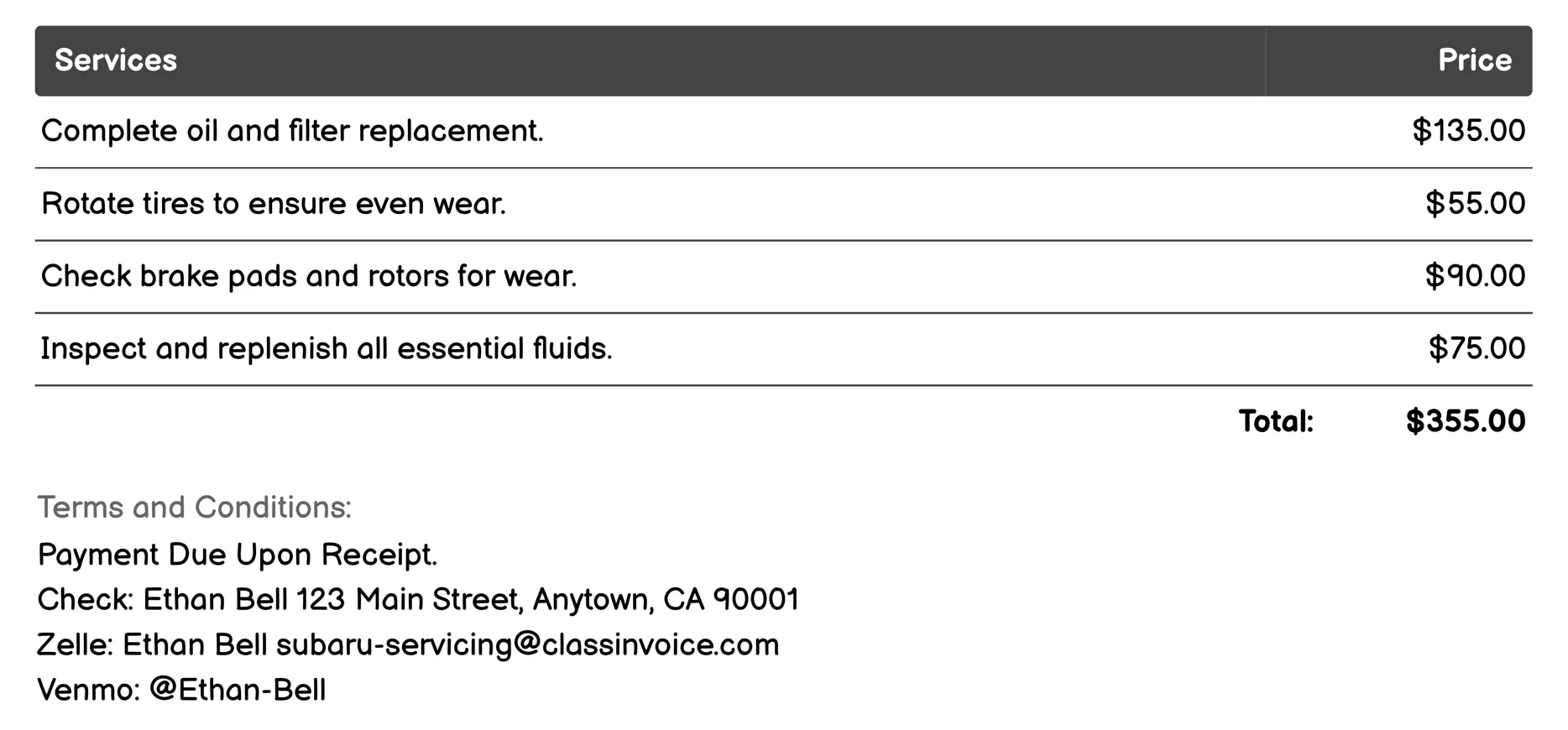 Scheduled Maintenance Invoice Example
