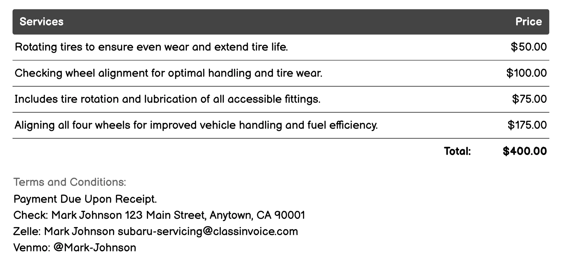 Tire Rotation and Alignment Invoice Example