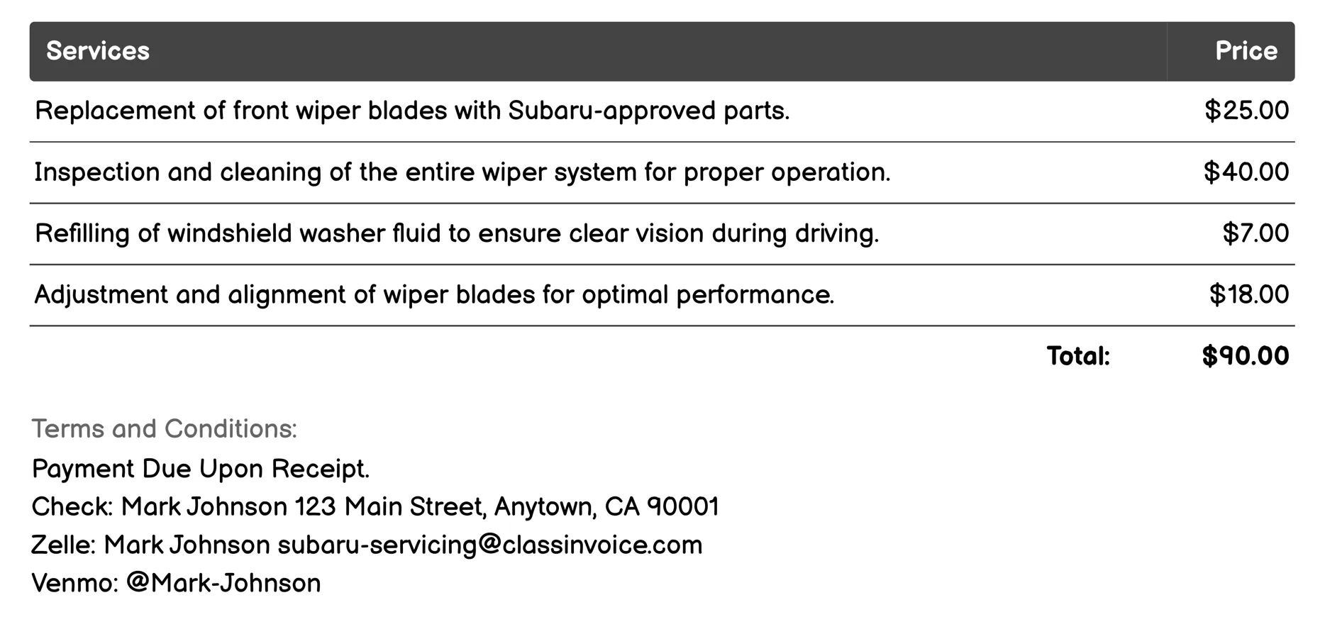 Wiper Blade Replacement Invoice Example