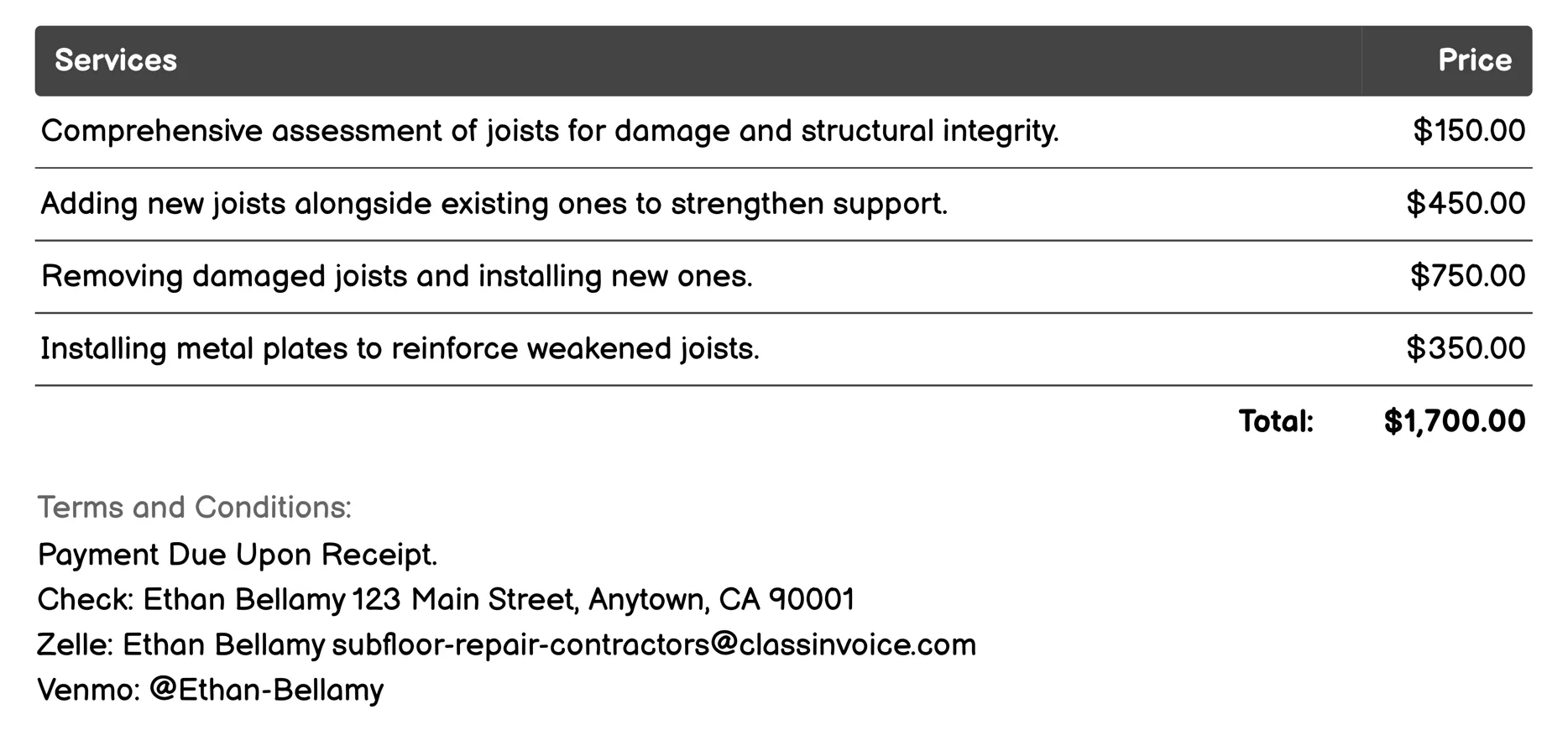 Joist Repair or Reinforcement Invoice Example