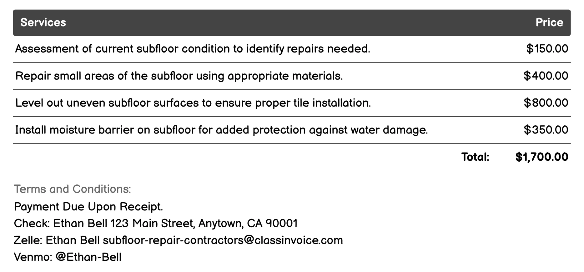 Tile Underlayment Installation Invoice Example