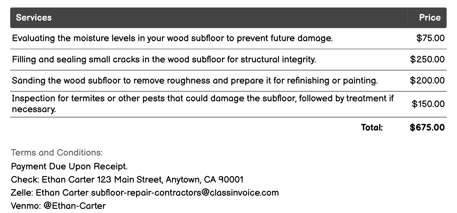 Wood Subfloor Repair Invoice Example