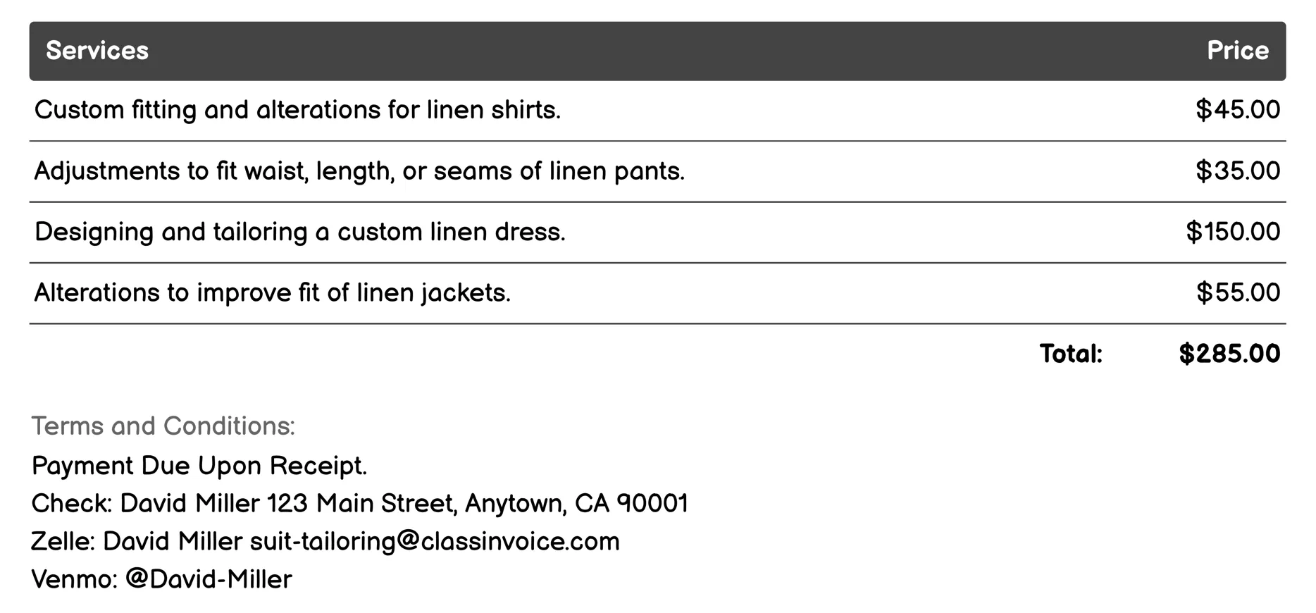 Linen Services Invoice Example