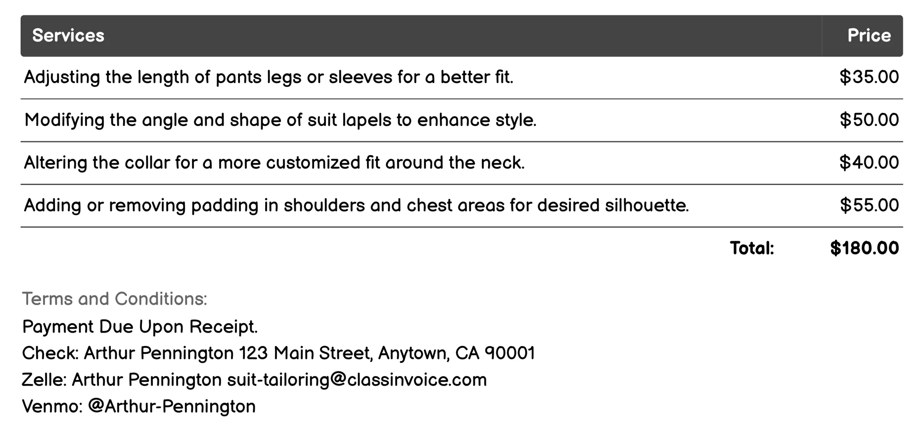 Suit Repair Services Invoice Example