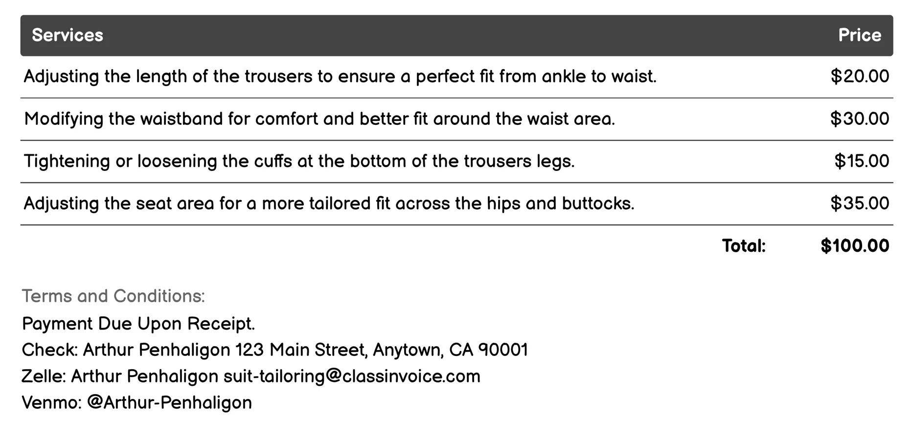 Trousers Fitting Invoice Example