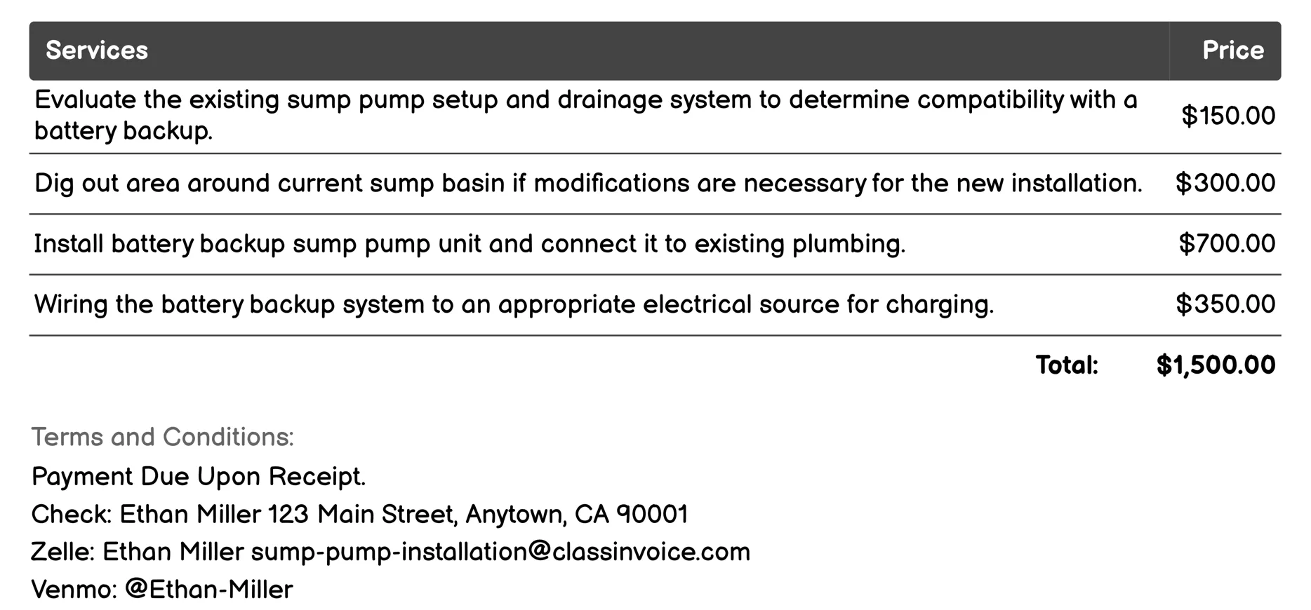 Battery Backup Sump Pump Installation Invoice Example