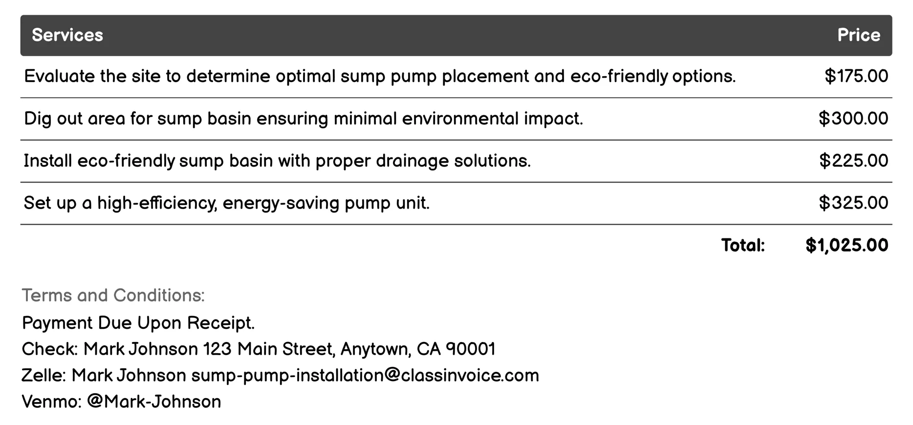 Eco-Friendly Sump Pump Installation Invoice Example