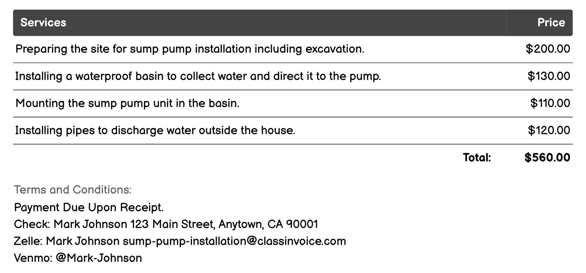 Whole-House Sump Pump Installation Invoice Example