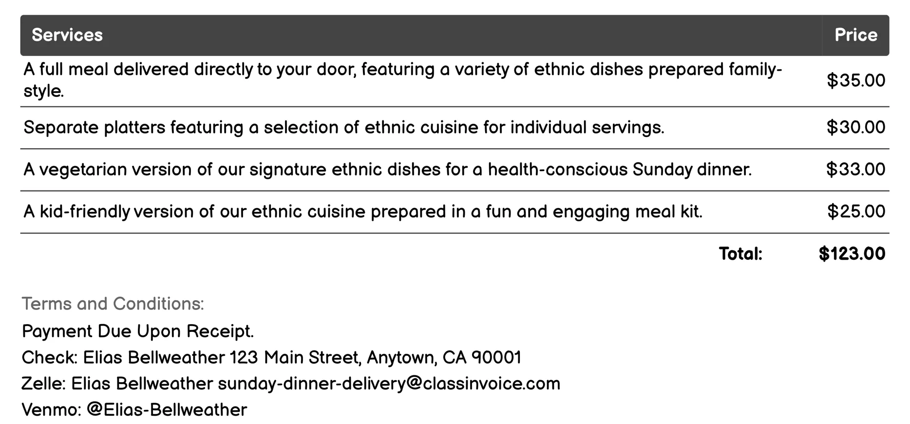 Ethnic Cuisine Dinner Invoice Example