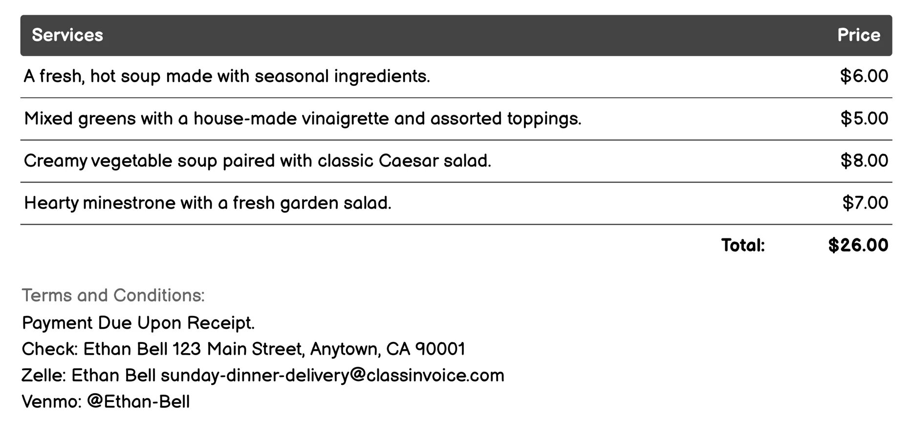 Soup & Salad Combo Invoice Example