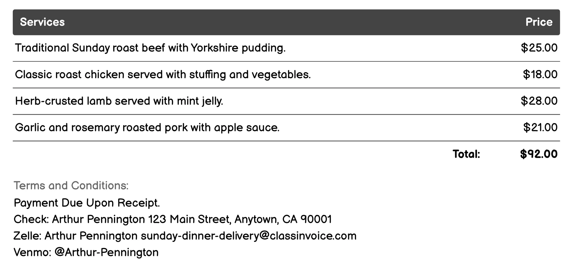 Traditional Roast Invoice Example