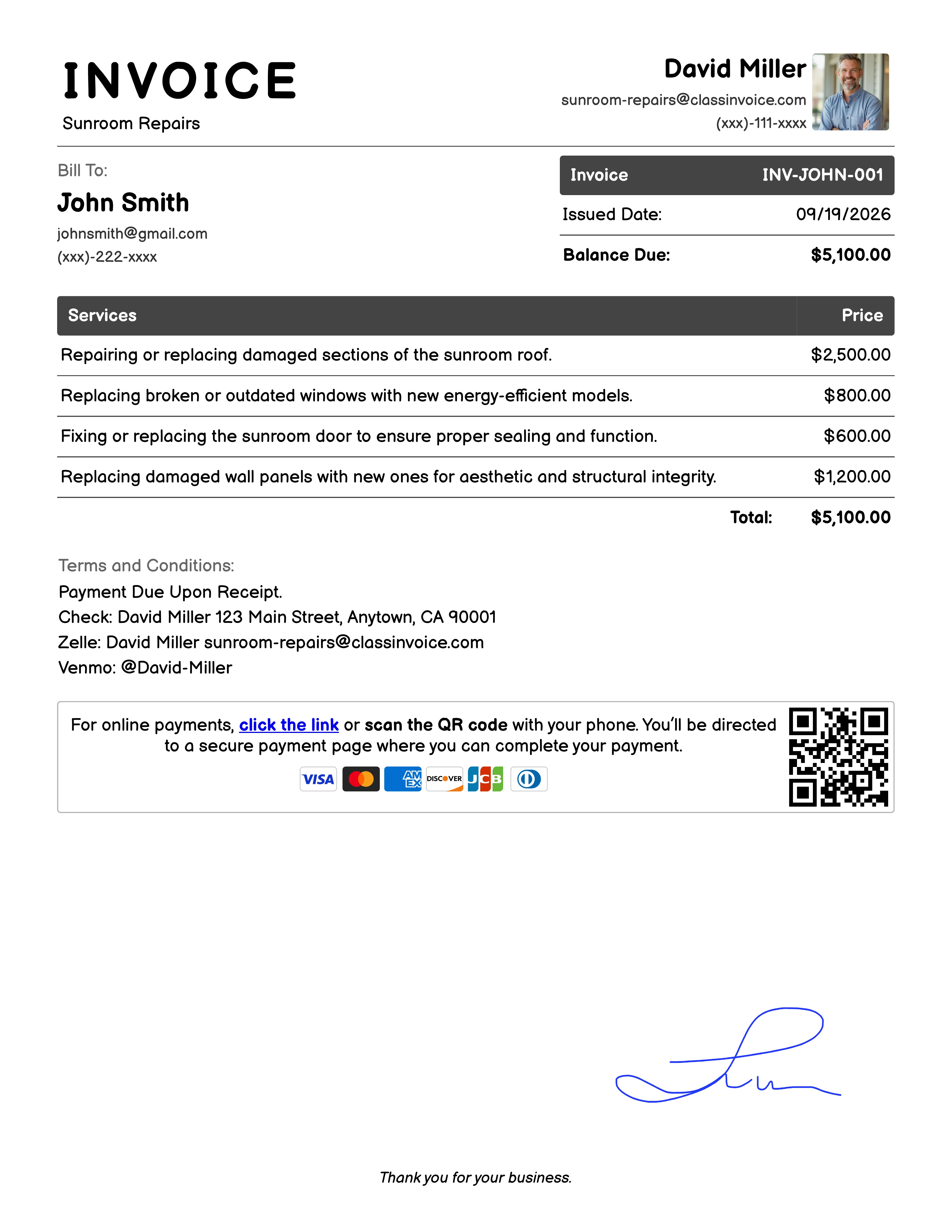 Sunroom Repairs Invoice Example