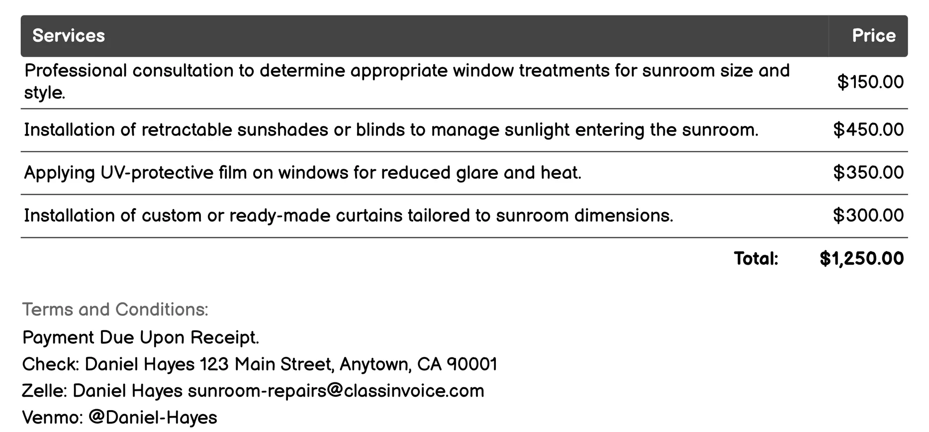 Window Treatment Installation Invoice Example