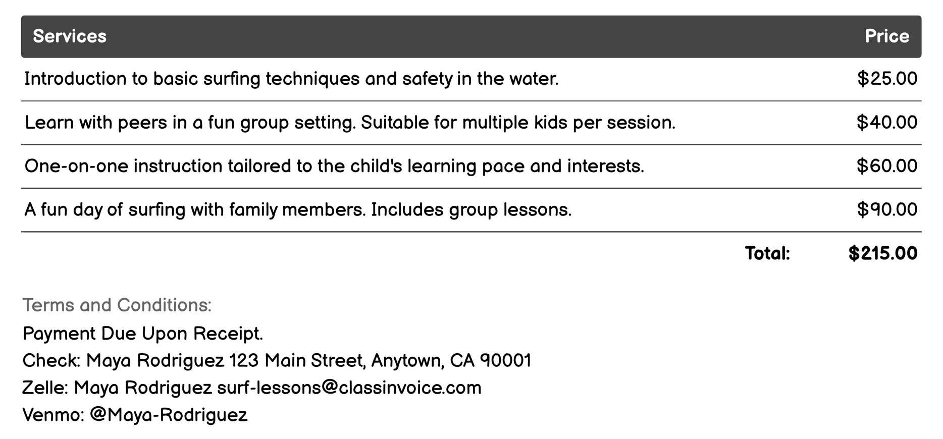 Kids Surf Lessons Invoice Example
