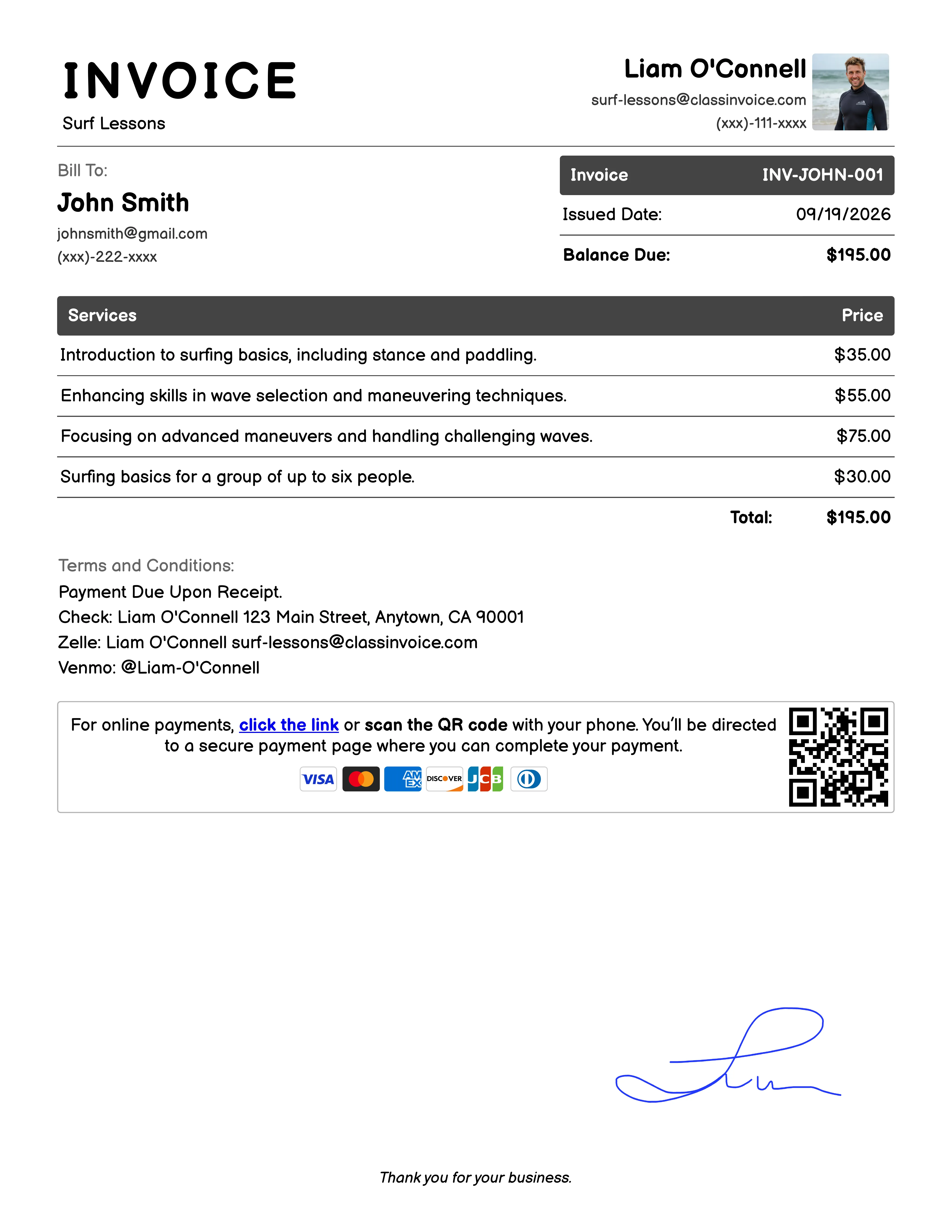 Surf Lessons Invoice Example