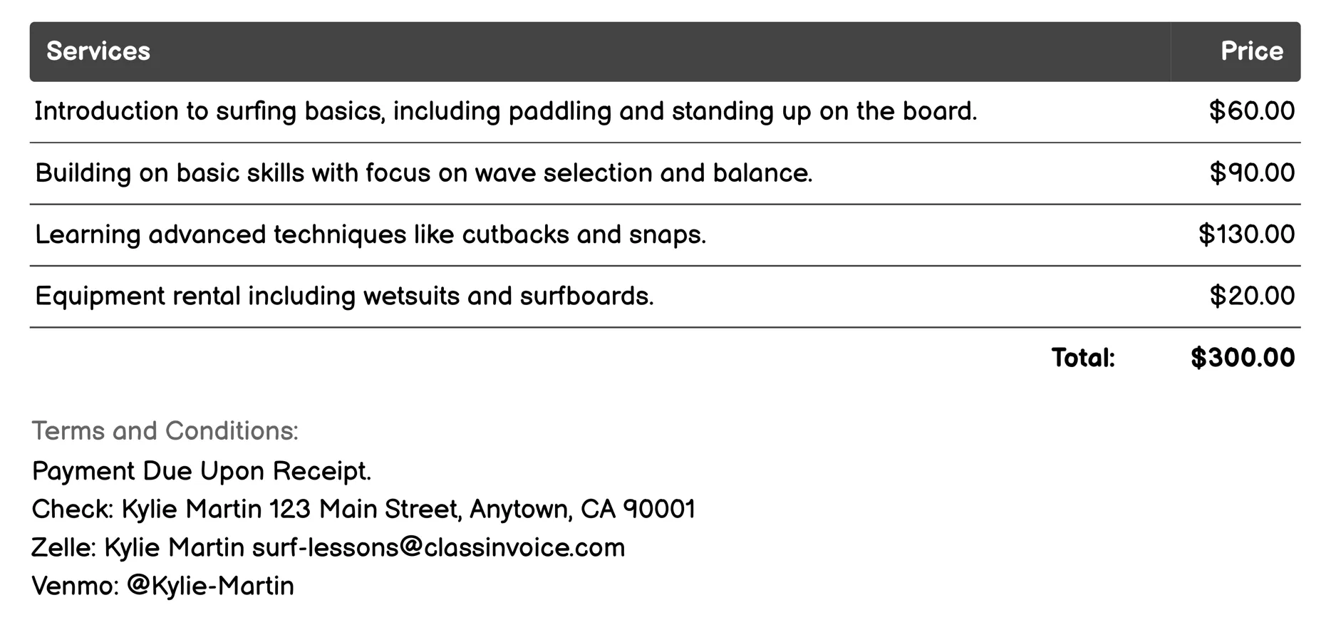 Women's Surf Lessons Invoice Example
