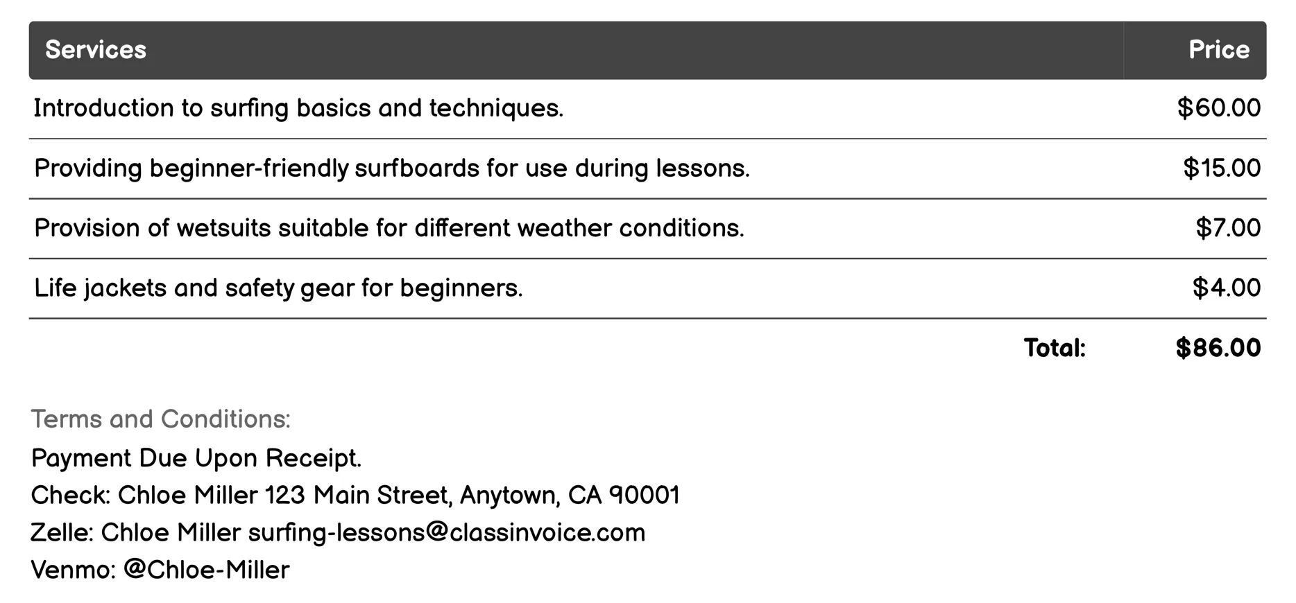 Beginner Surfing Lesson Invoice Example