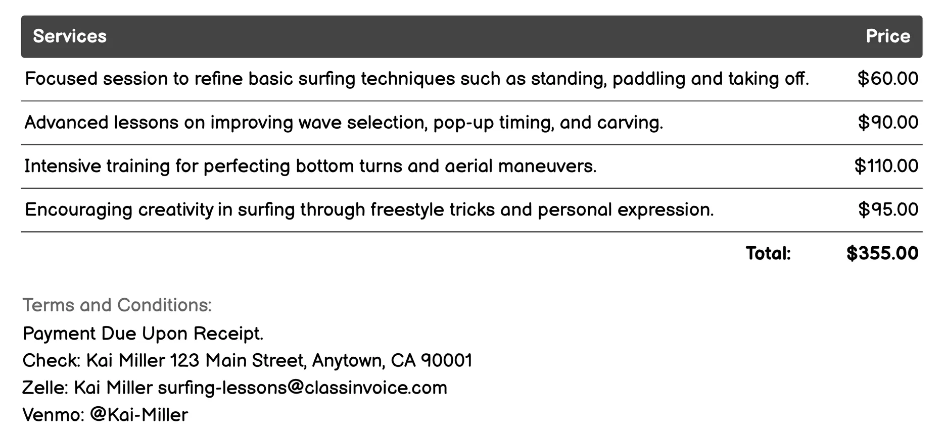 Surfing Technique Refinement Invoice Example