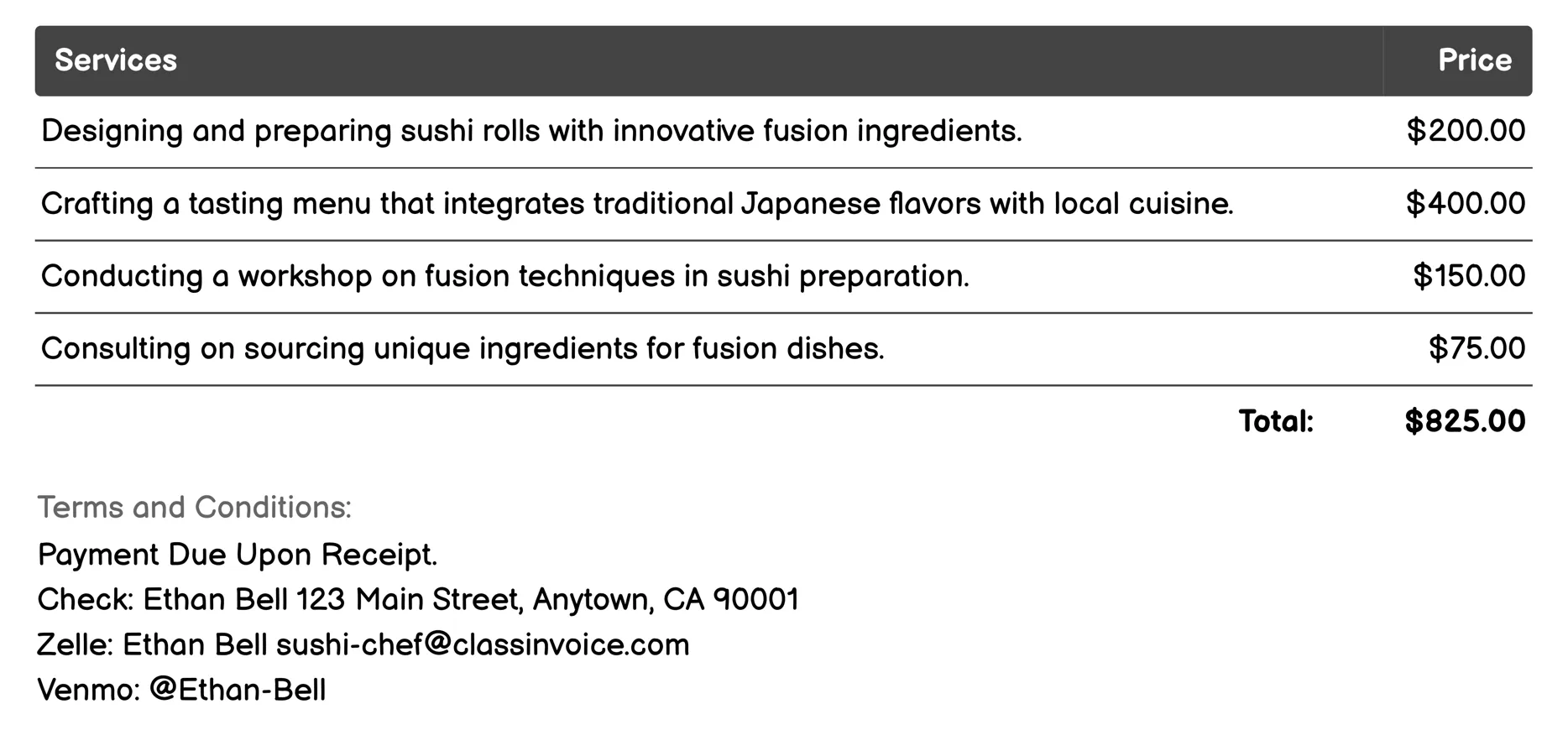 Fusion Cuisine Integration Invoice Example
