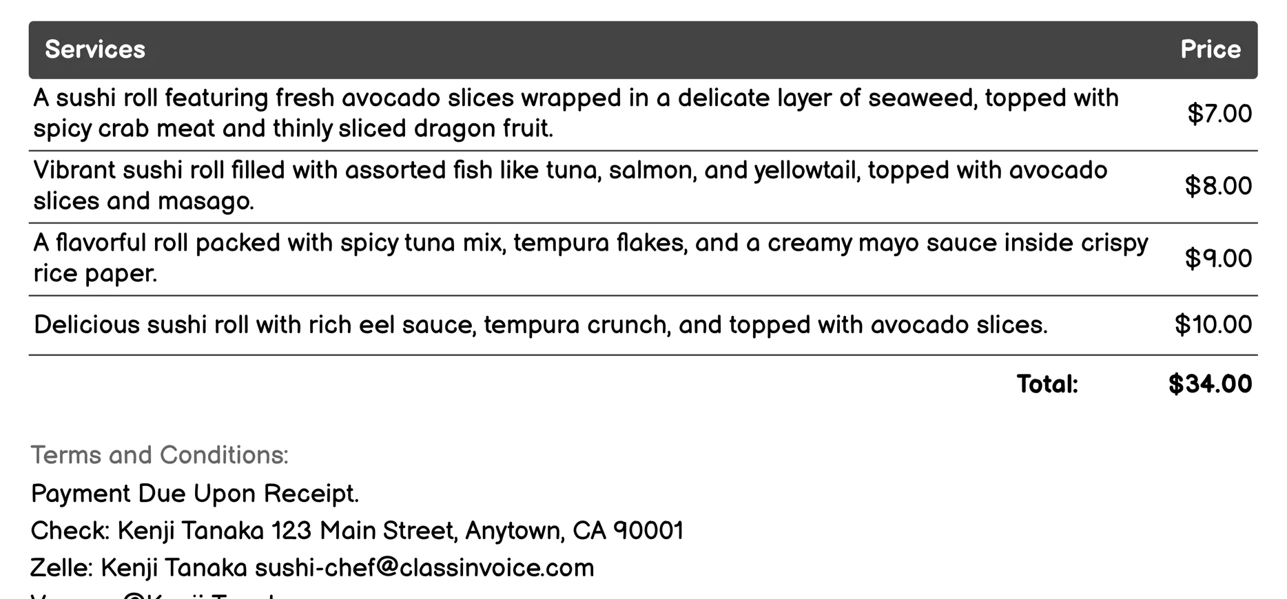 Specialty Roll Creation Invoice Example