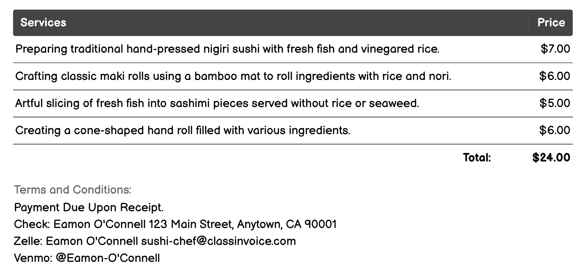 Traditional Sushi Preparation Invoice Example