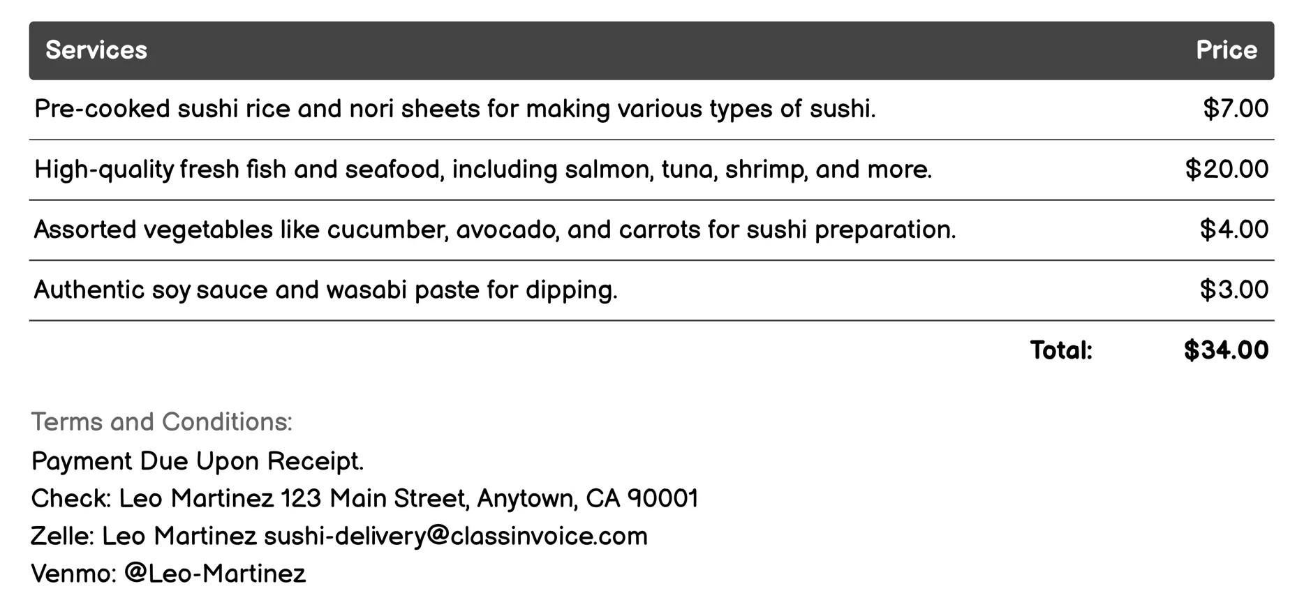 Family Sushi Party Kit Invoice Example