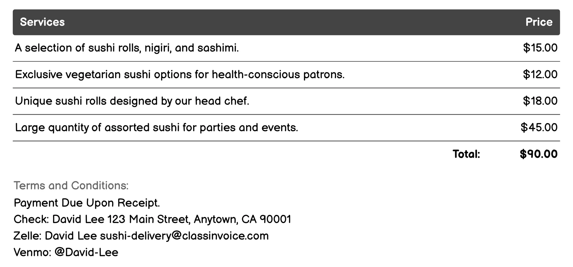 Sushi Catering Service Invoice Example