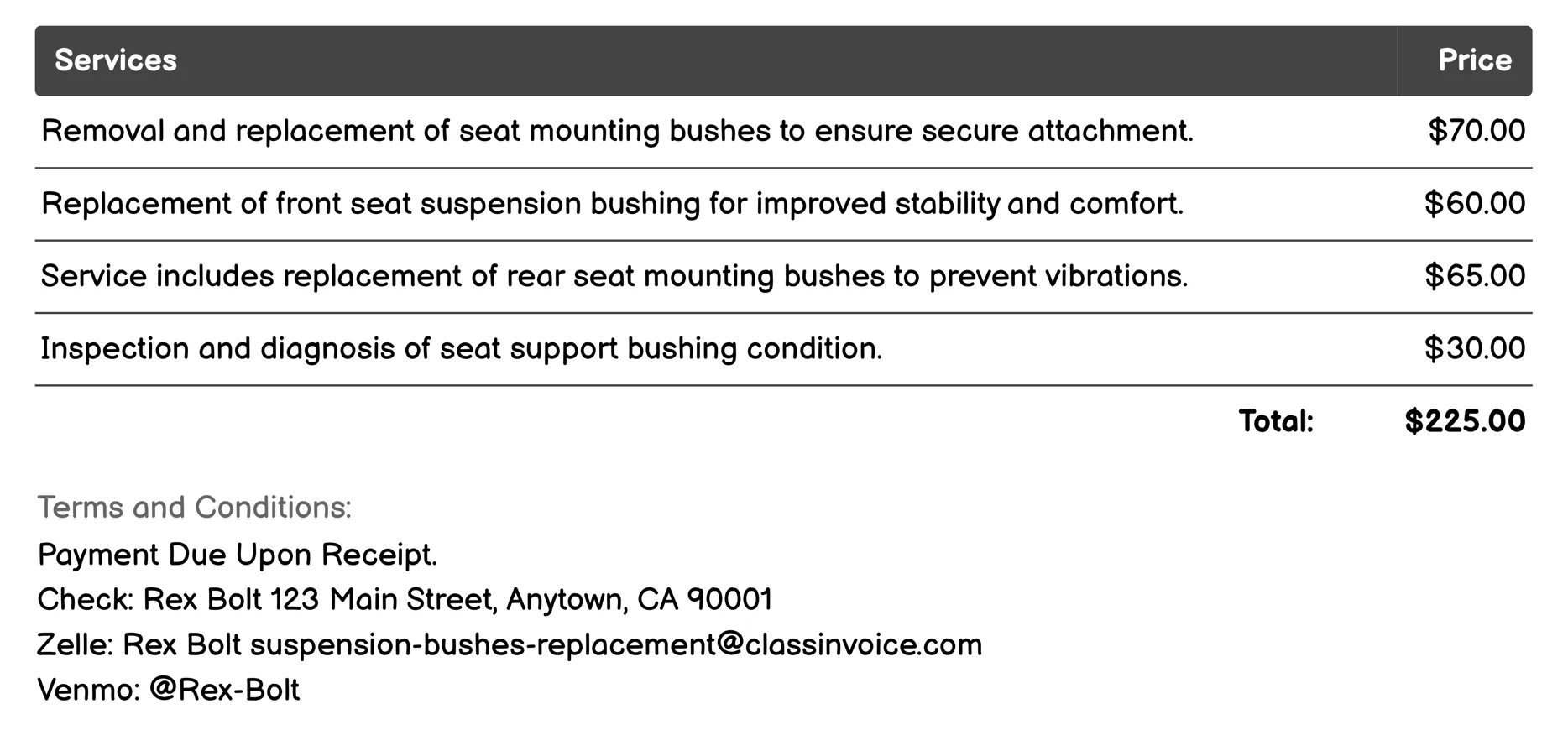 Seat Mounting Bushes Replacement Invoice Example