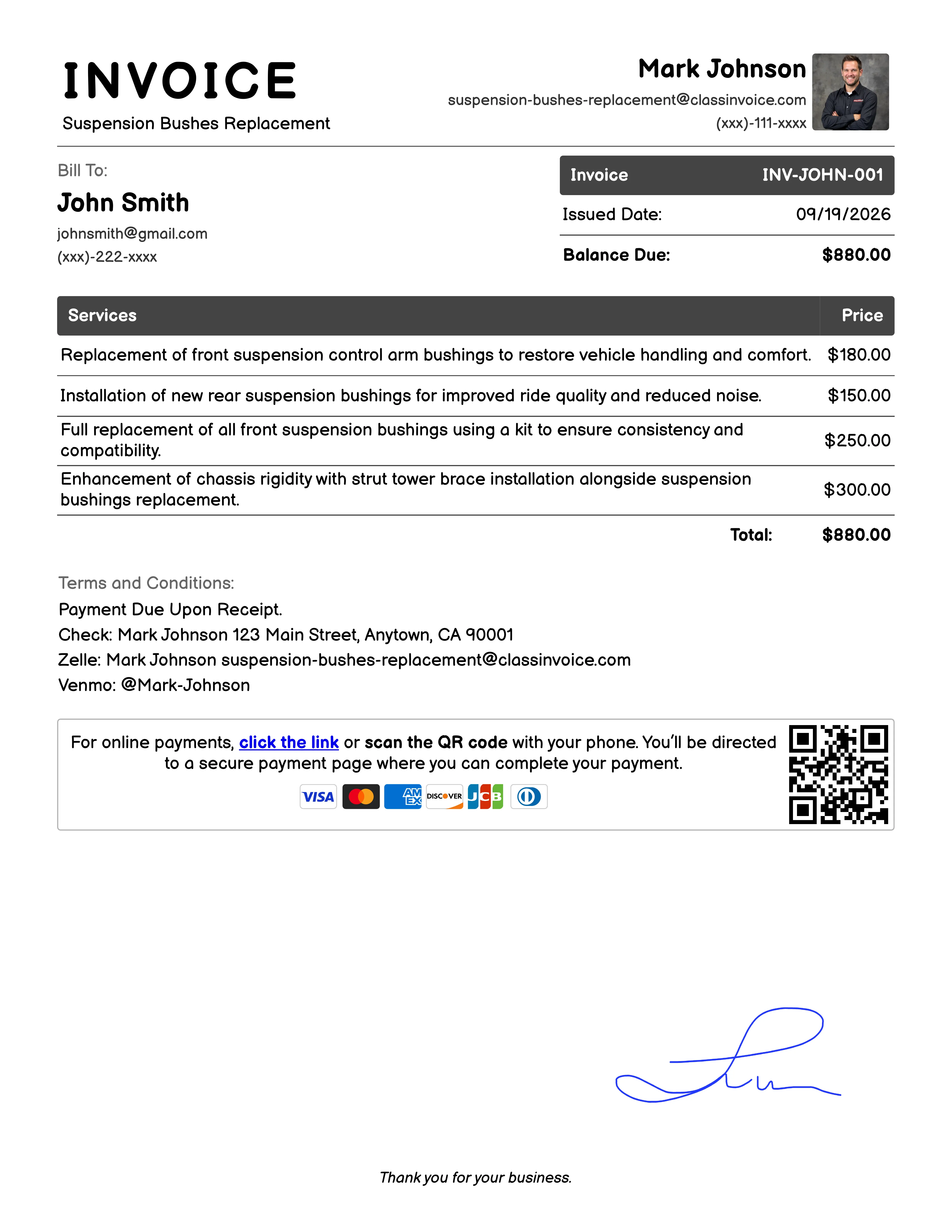 Suspension Bushes Replacement Invoice Example