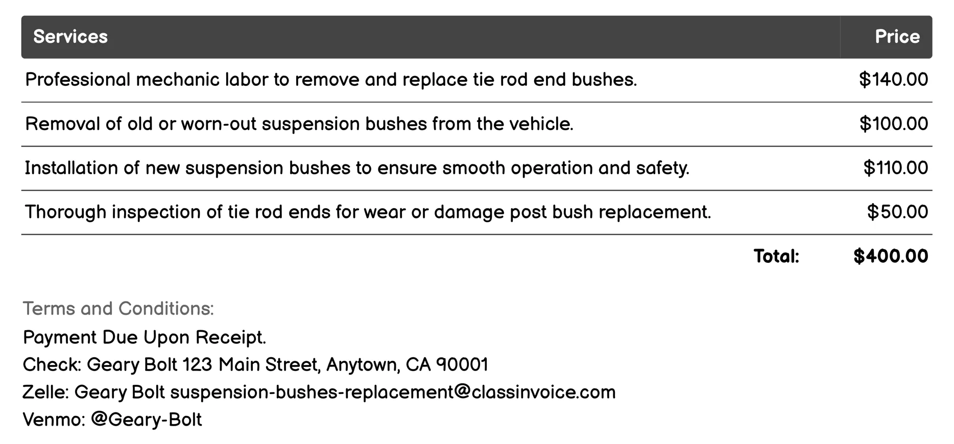 Tie Rod End Bushes Replacement Invoice Example