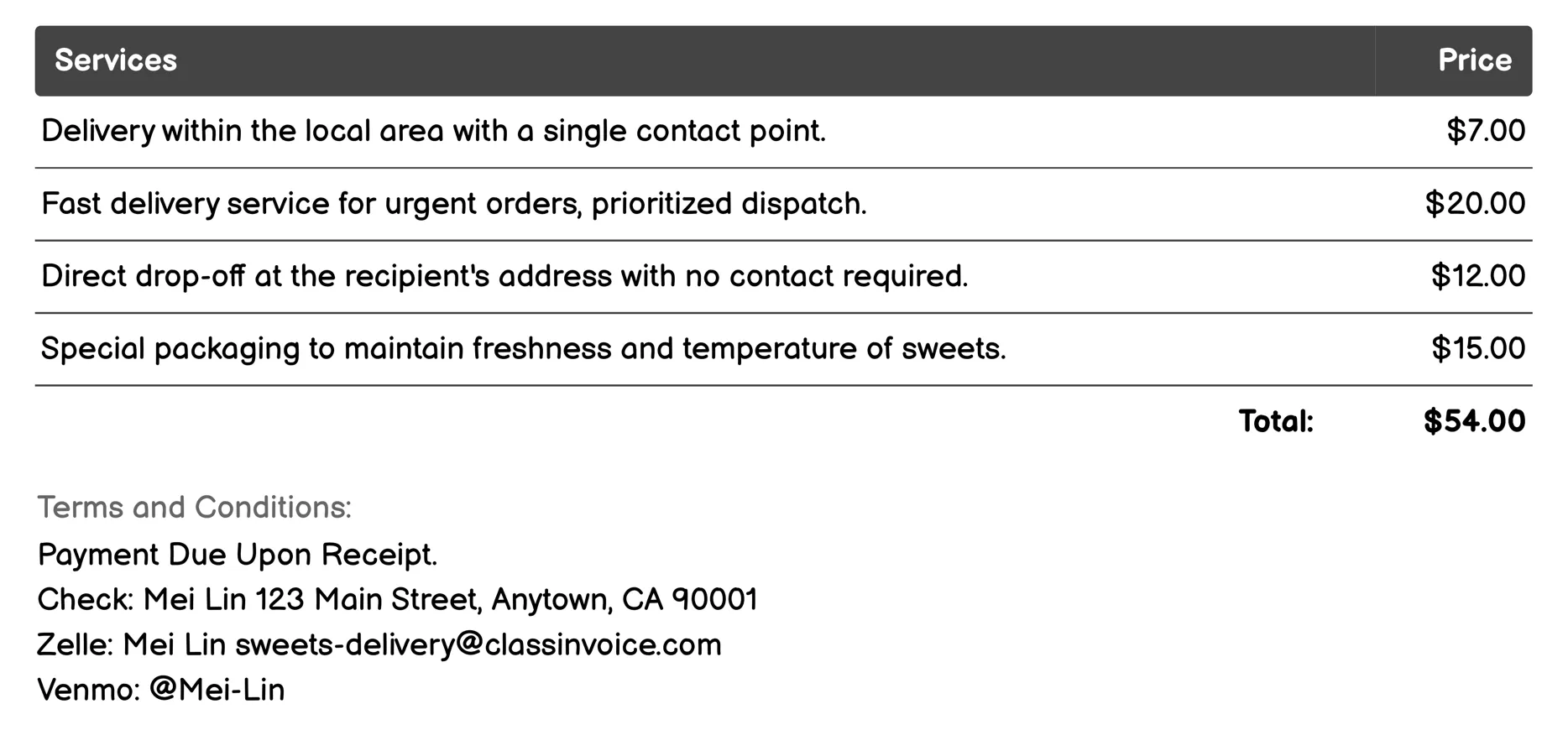 Festival Sweets Collection Delivery Invoice Example