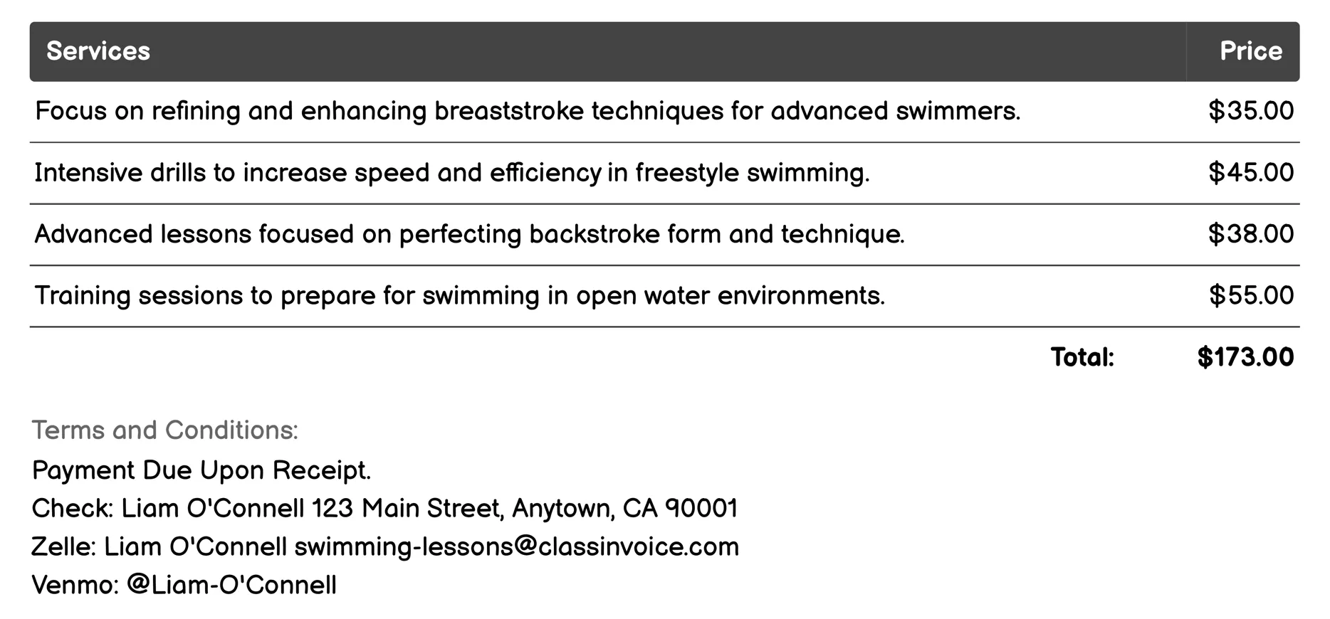Advanced Swimming Lessons Invoice Example