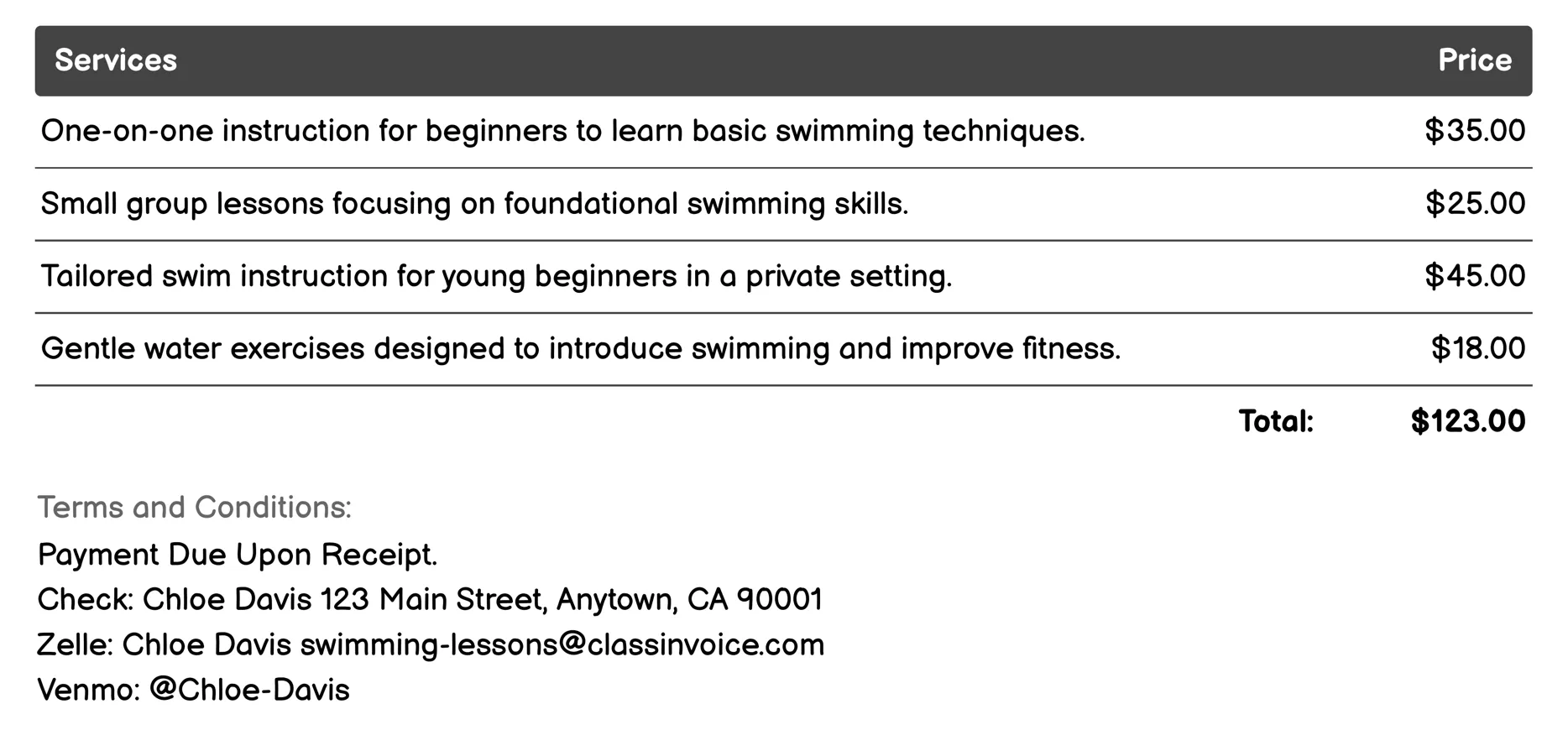 Beginner Swimming Lessons Invoice Example