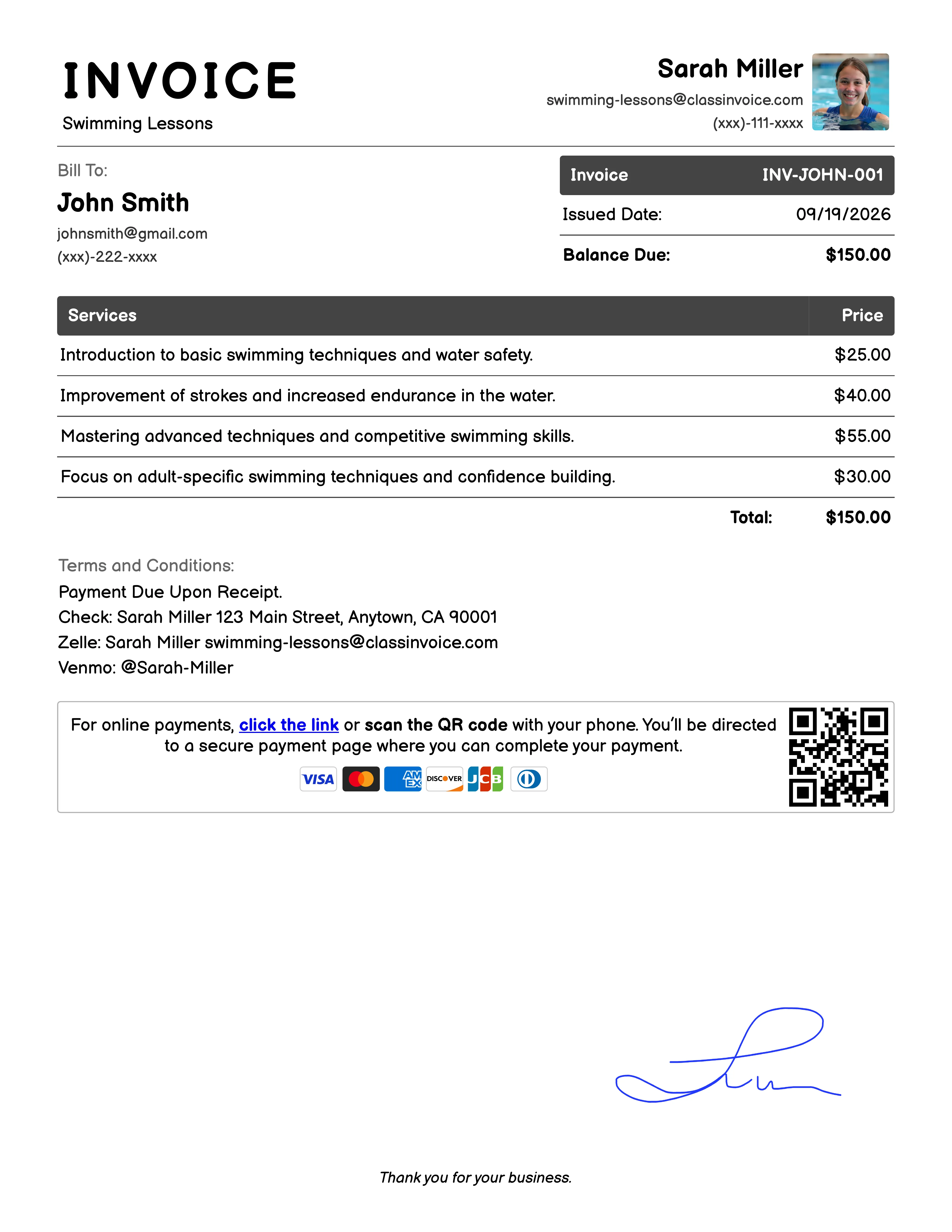 Swimming Lessons Invoice Example
