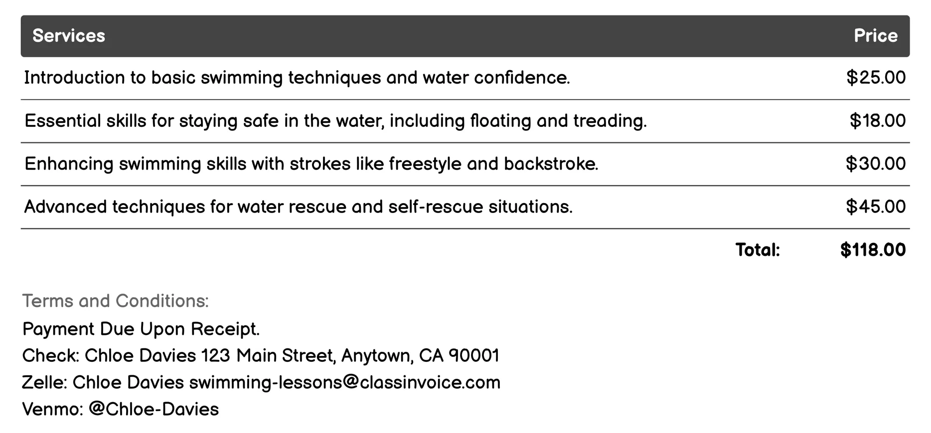 Water Safety Classes Invoice Example